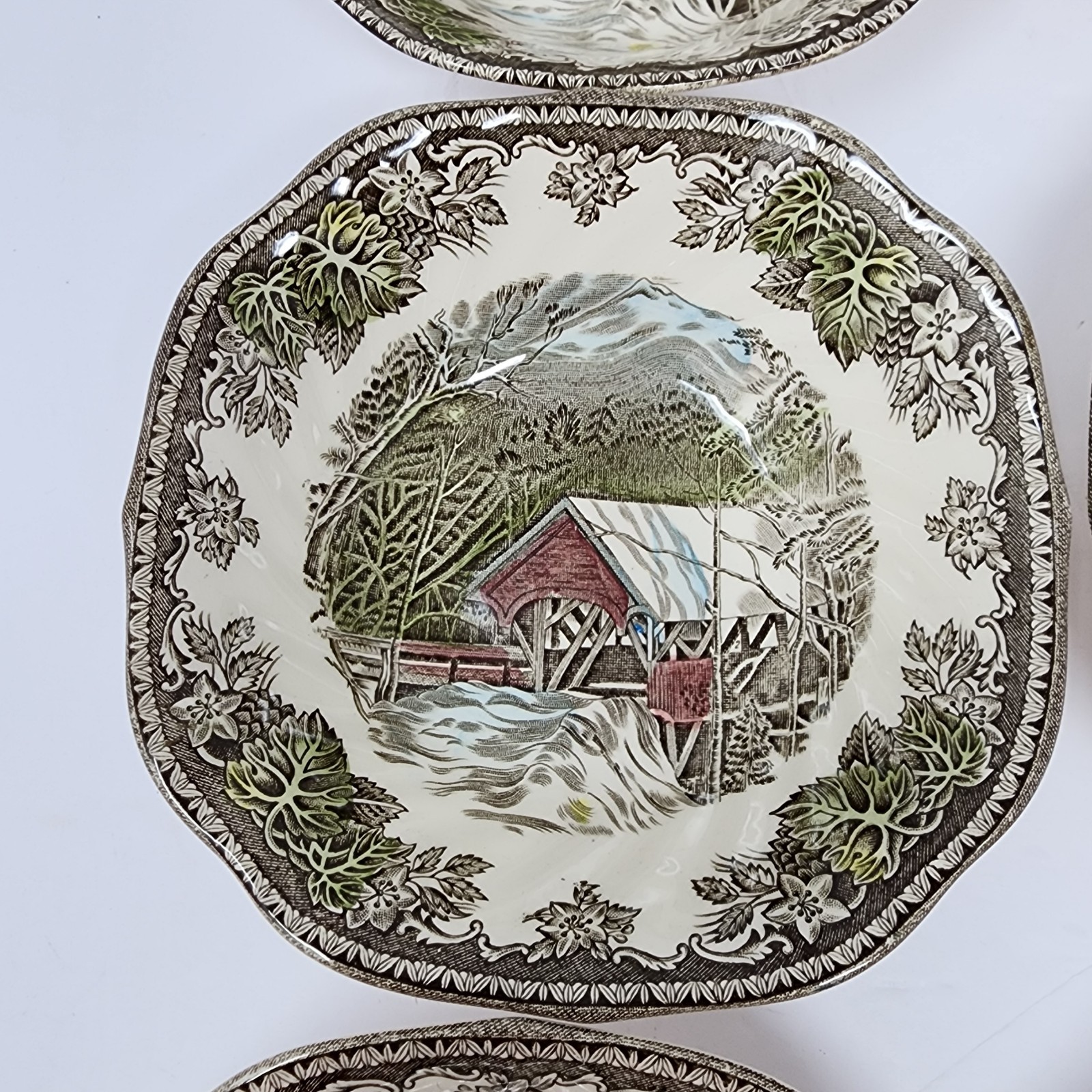 Friendly Village Johnson Brothers Covered Bridge Square Salad Dessert Bowl Set 9