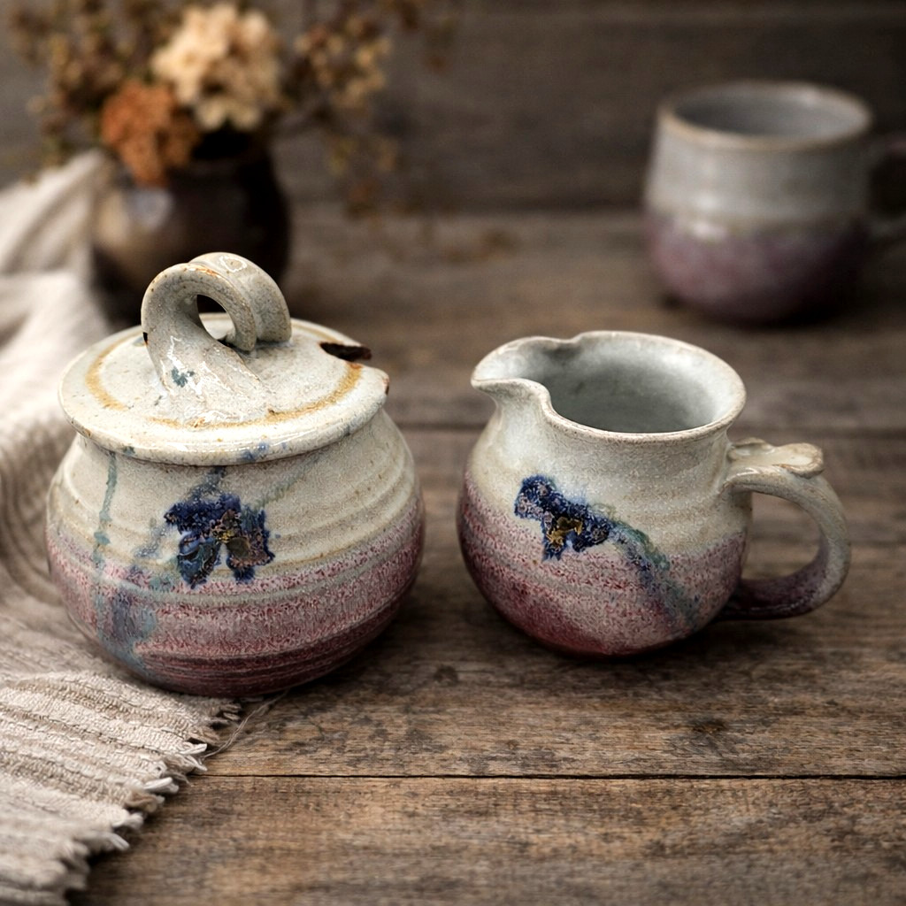 Studio Pottery Creamer Sugar Set Signed Purple Drip Glaze Blue Floral Stoneware