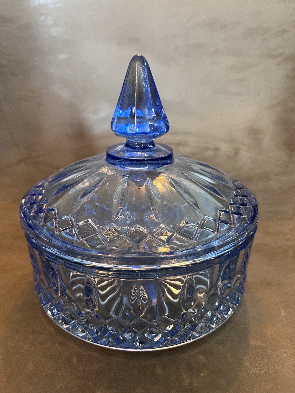 Vintage Indiana Princess Glass Ice Blue Covered Candy Dish Diamond Point Trinket