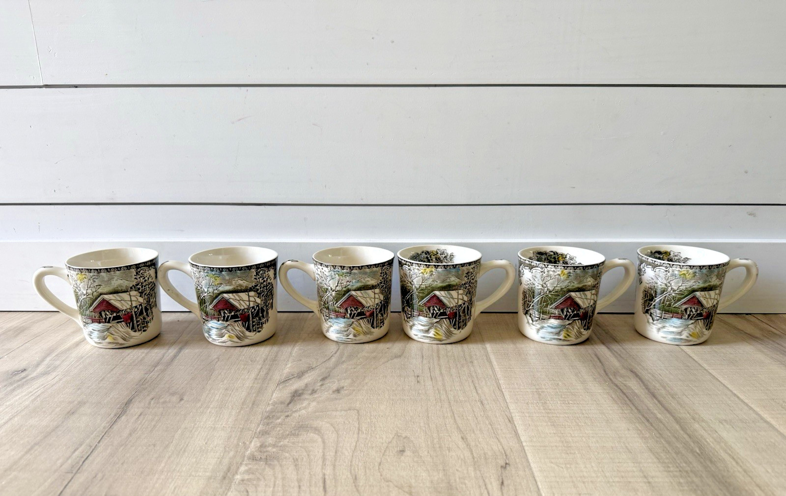 The Friendly Village Johnson Brothers Mugs England Covered Bridge Set Lot of 6
