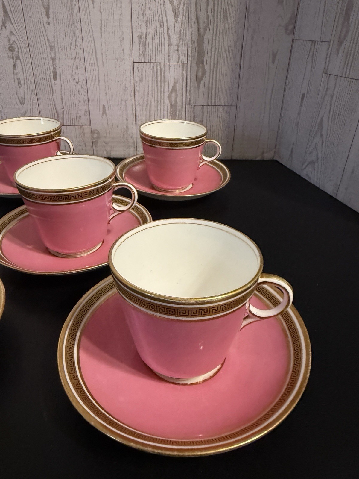 ANTIQUE CAULDON PINK SET OF 5 COFFEE TEA CUPS & SAUCERS GREEK KEY PORCELAIN RARE