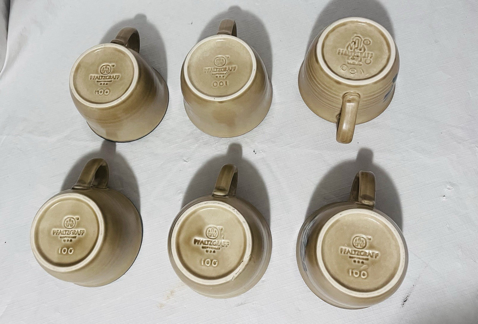 6 Vintage Pfaltzgraff Folk Art Coffee Cups / Mugs Tan with Blue accents