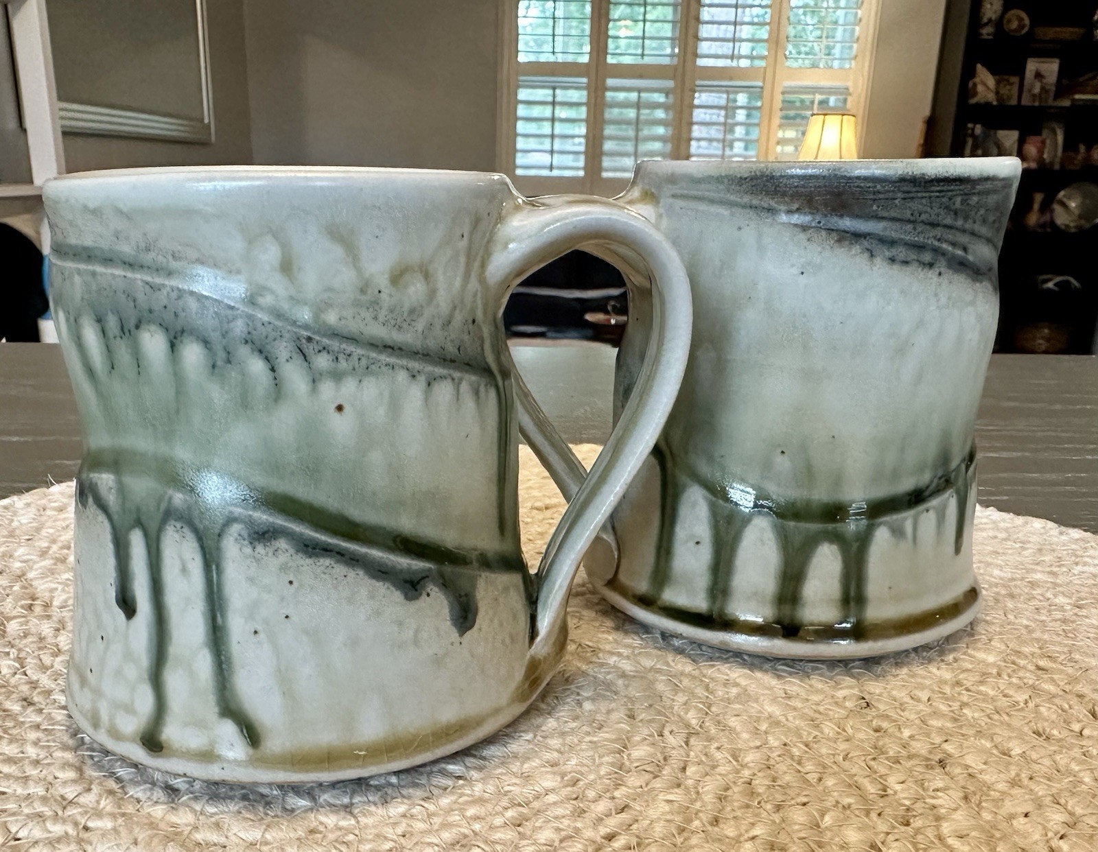 Studio Art Pottery Mugs Set Of Two Earthy Green Drip Glaze Signed Charlie Tefft