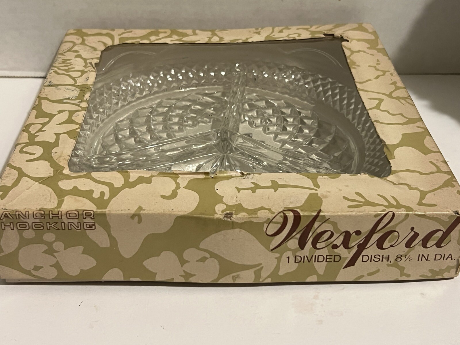 Wexford Crystal Anchor Hocking Glass 8 1/2″ Divided Dish In Original Box Vintage