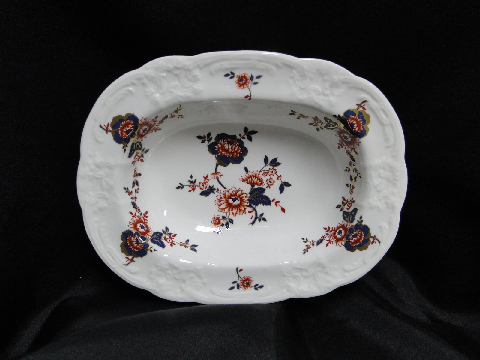 Coalport St Louis, White w/ Blue, Rust, Gold: Oval Serving Bowl, 9 3/8″