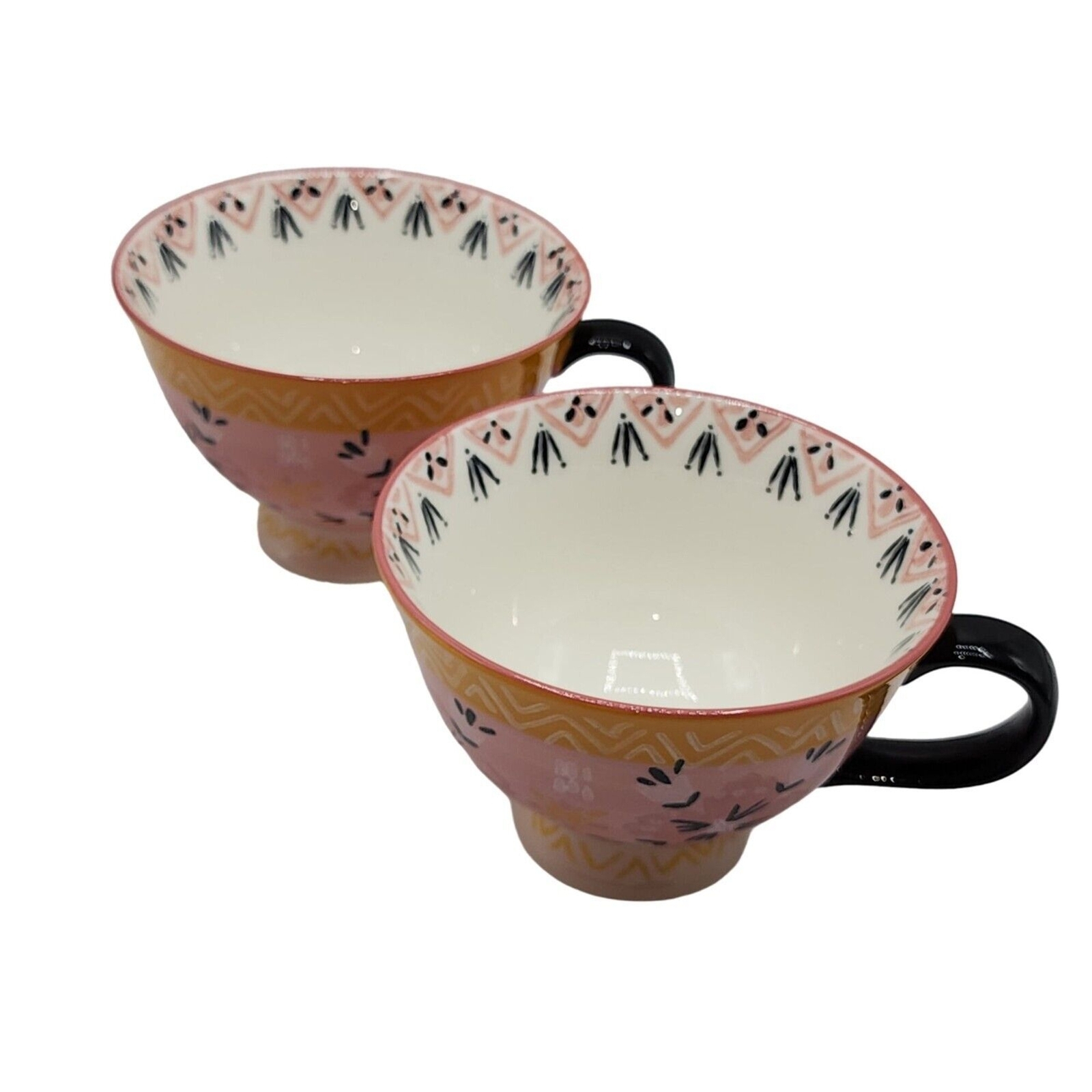 Bloom Pottery Set of 2 Pedestal Ceramic Tea Cups Coffee Mug Hand-Painted Floral