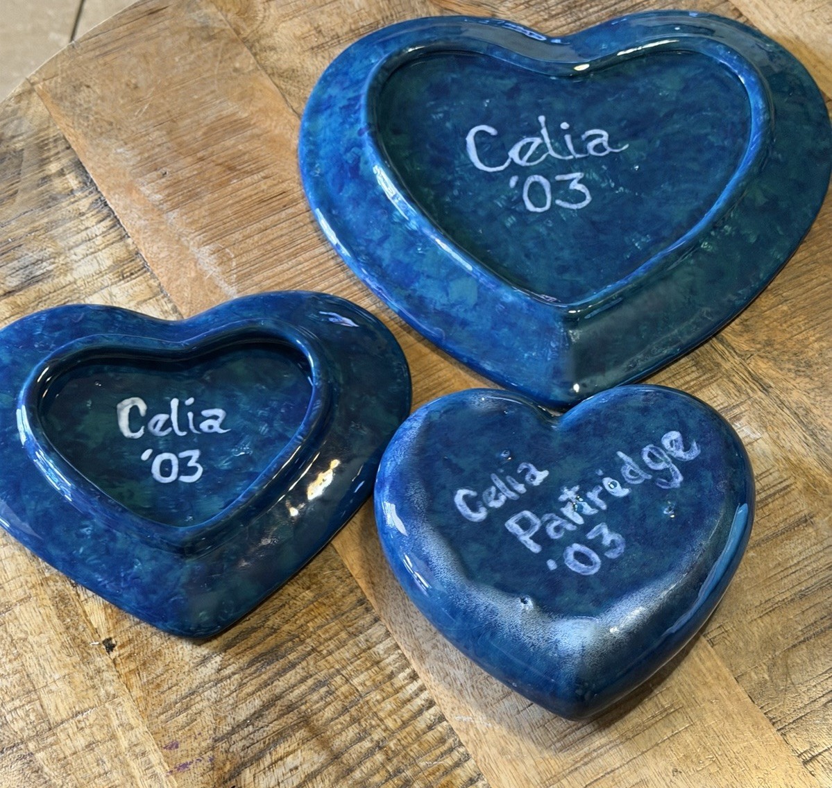 Vintage Handcrafted Four Piece Heart Shaped Blue Green Pottery Plates & Trinket