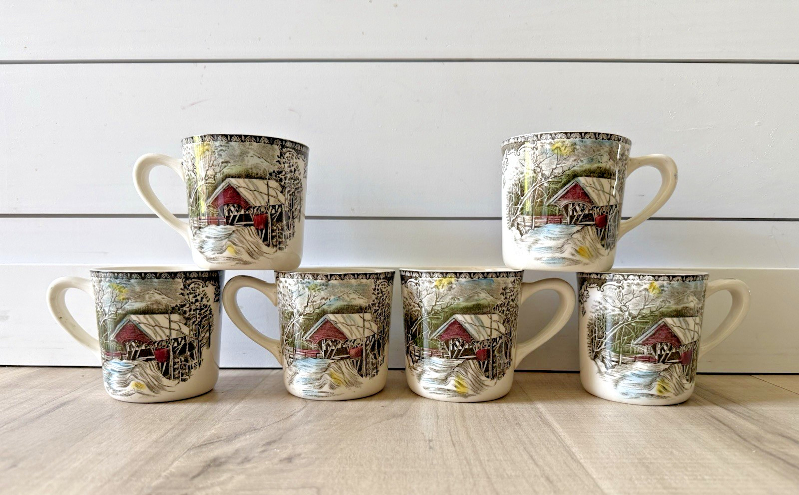 The Friendly Village Johnson Brothers Mugs England Covered Bridge Set Lot of 6