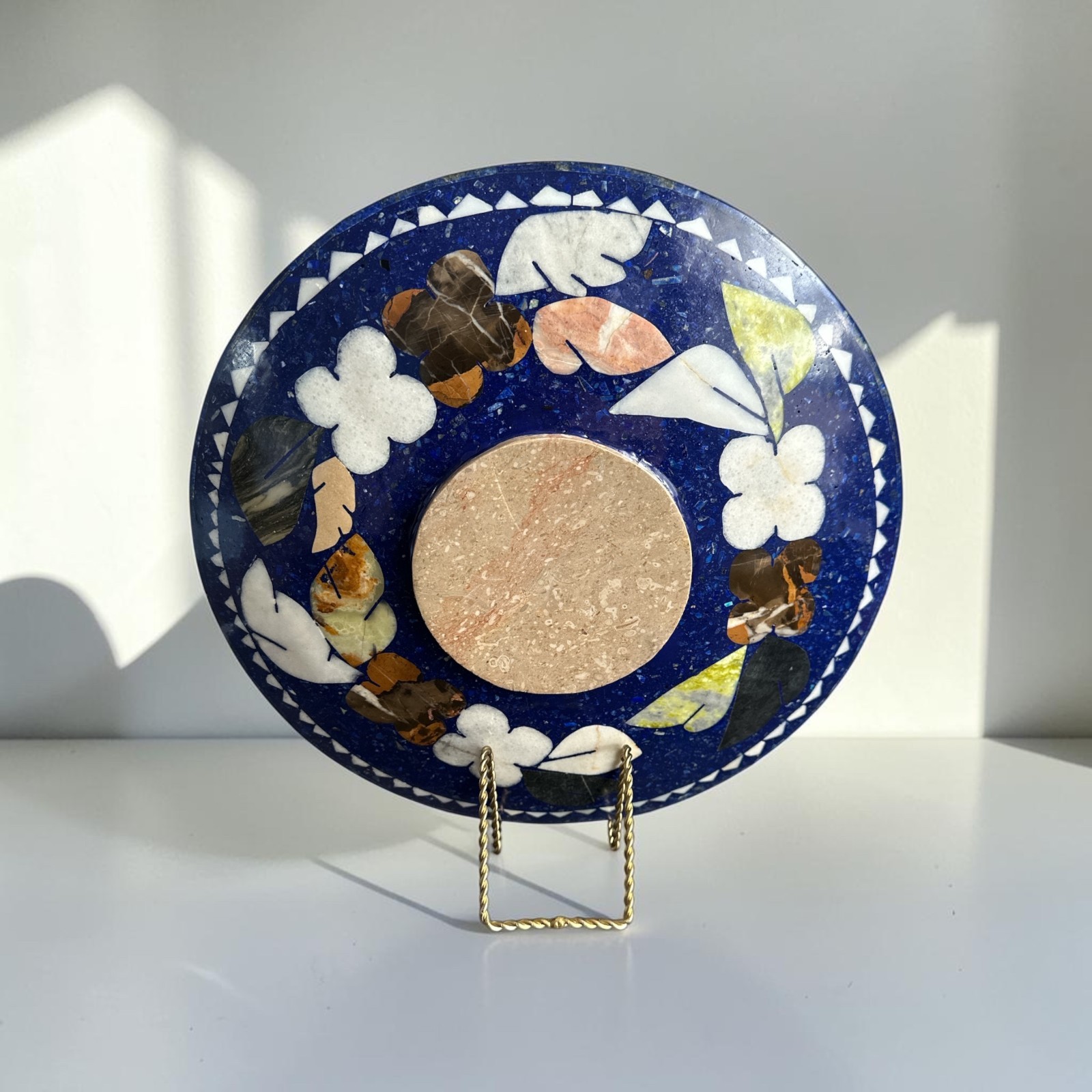 Handmade Lapis Lazuli & Marble Ram Plate | Afghan Stone Mosaic| 12″ Round Inlay