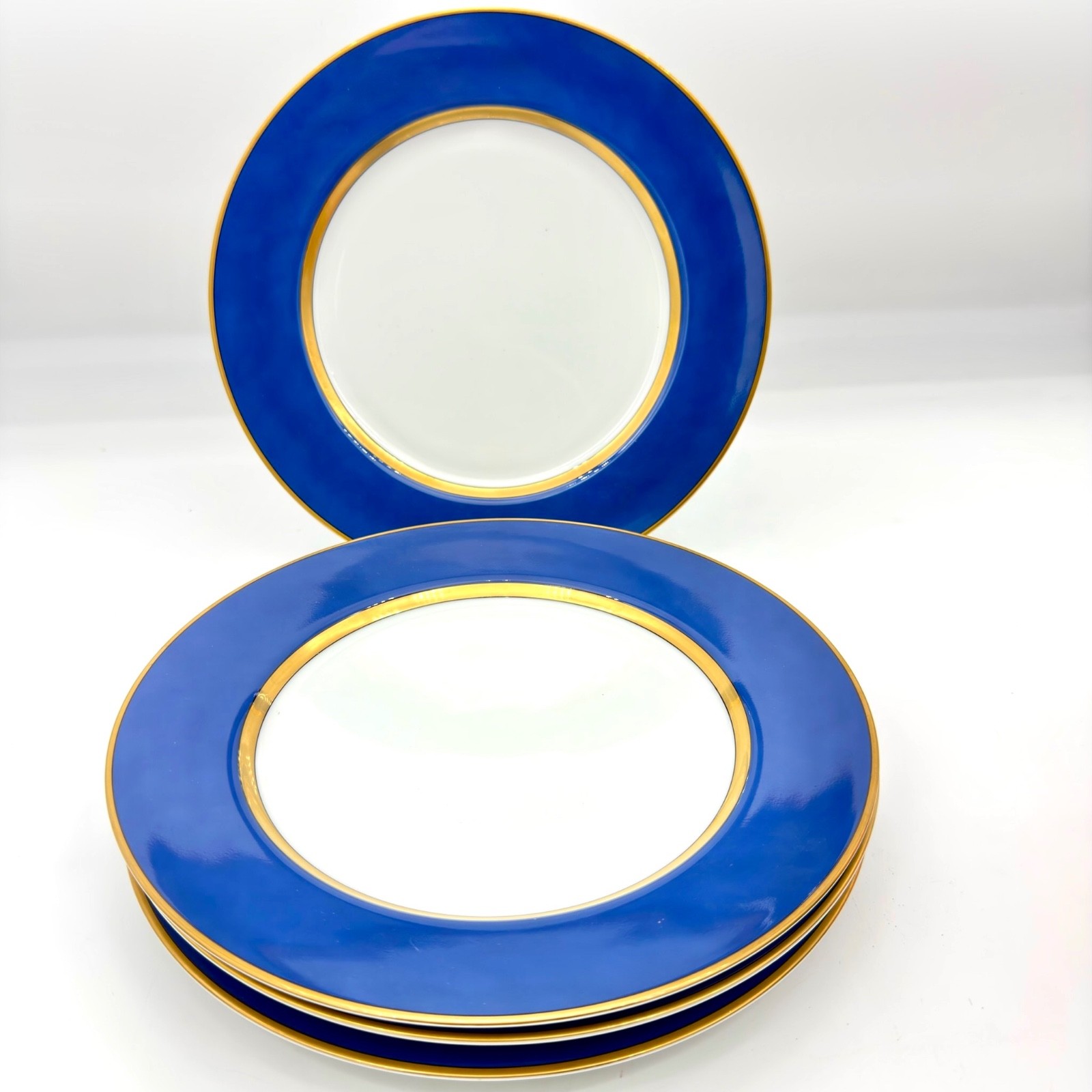 Fitz & Floyd Renaissance Cobalt Blue Dinner Plates 10 1/4″ Gold Trim 1978 Set 4