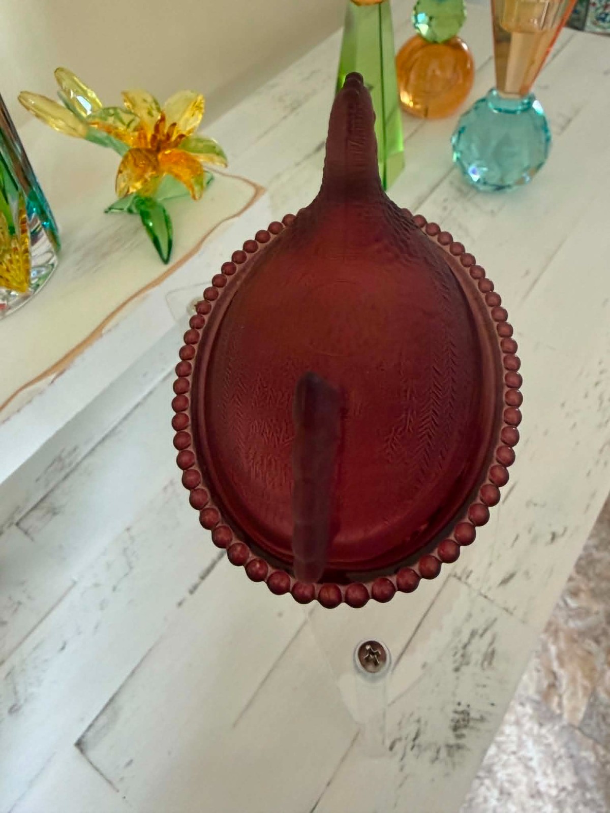 Burgandy Glass Hen on a Nest HON Covered Dish Satin Matte Pressed Glass Oval 5”
