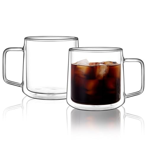 15oz Double Walled Glass Coffee Mugs,Large Insulated Glass Mugs 15oz(2-pack)