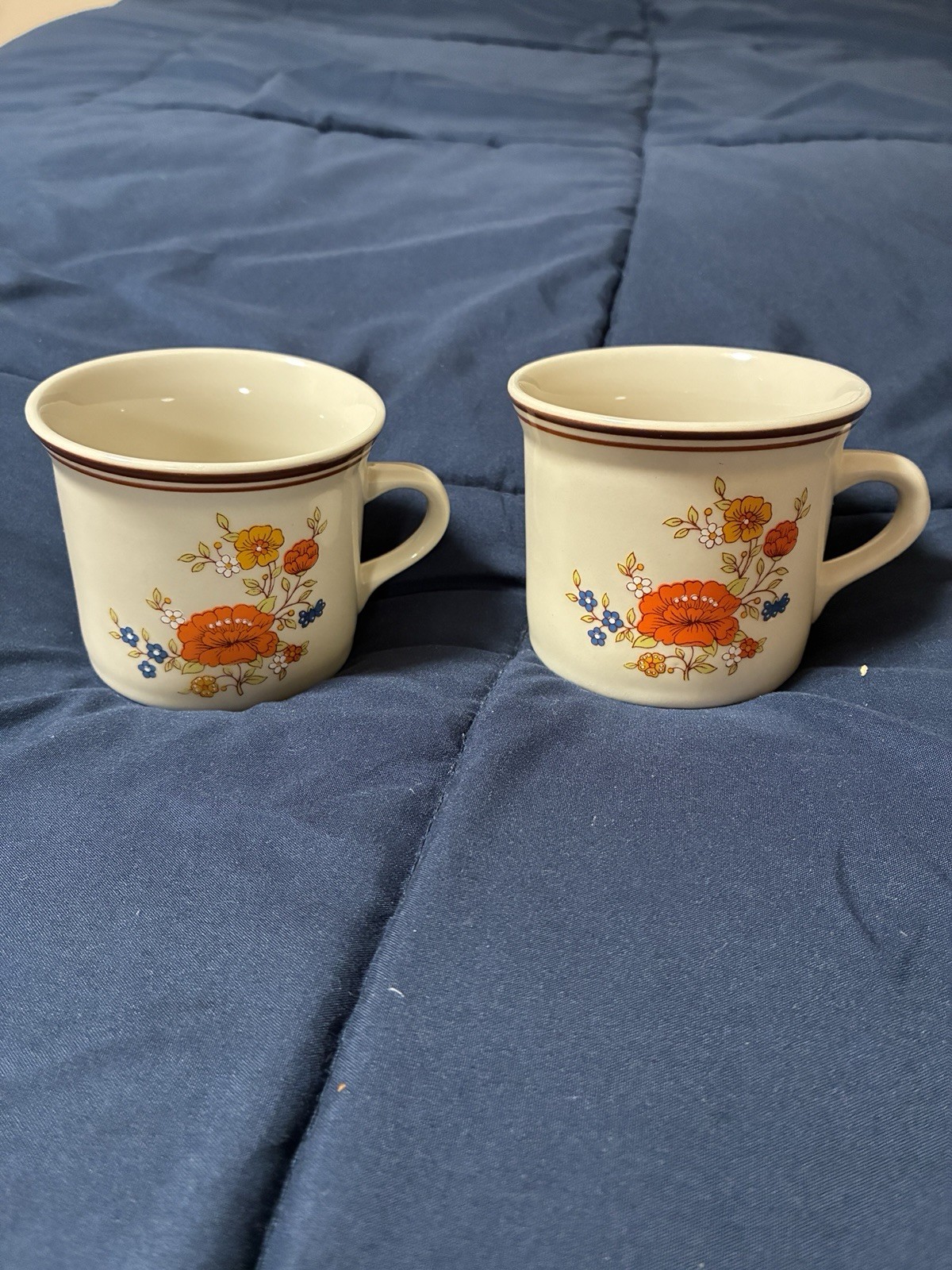 Vintage 70s Summer Garden Floral Coffee Mugs Excel by Linda Stoneware Set Of 2