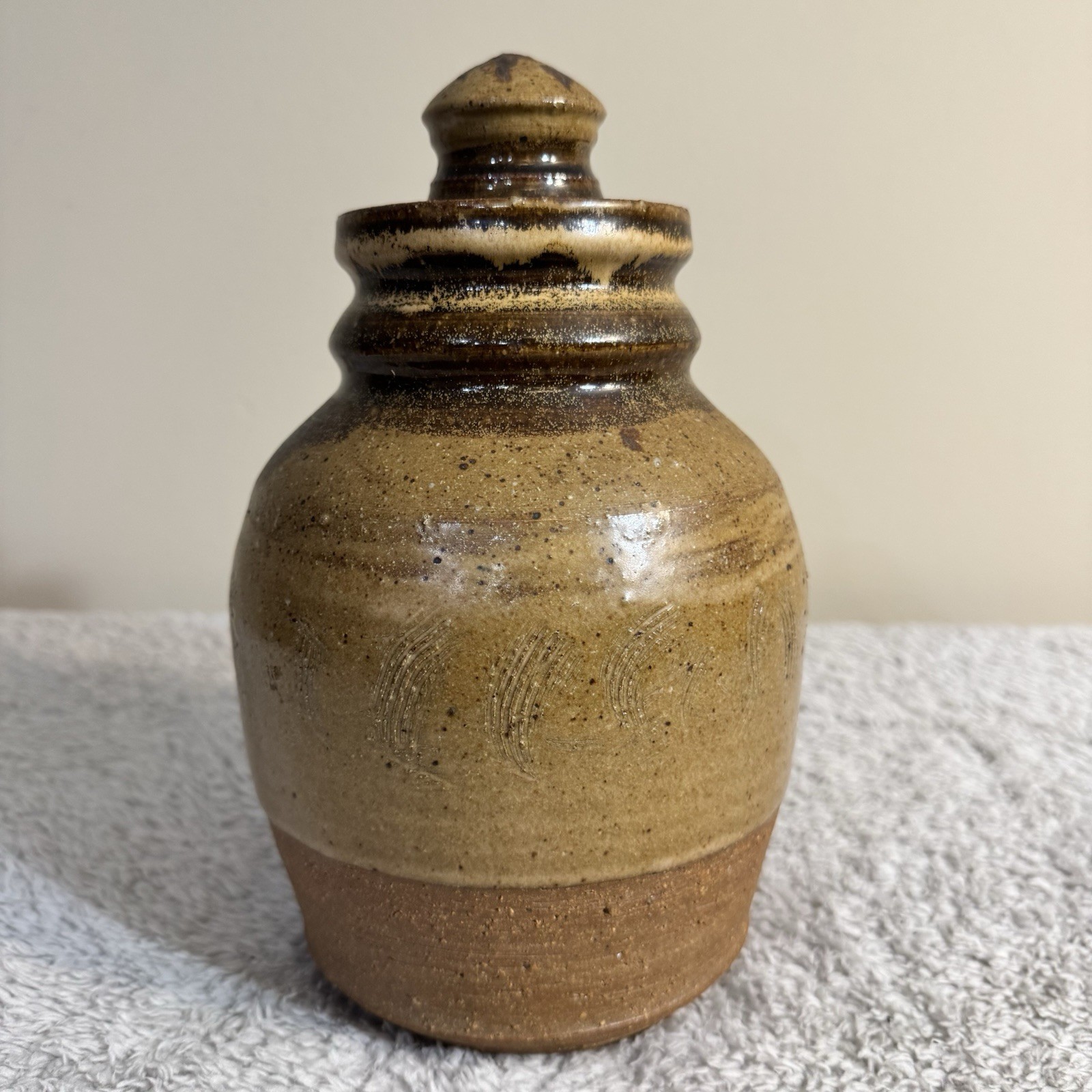 Vintage Studio Pottery Lidded Jar – Hand Thrown – Earth Tone Drip Glaze – Rustic