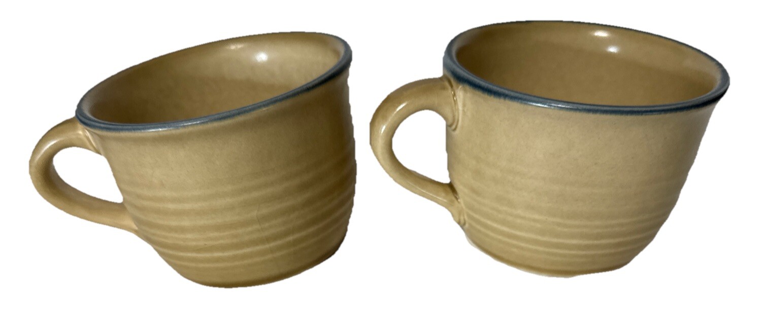 Pfaltzgraff Folk Art Coffee Tea Cups Mugs Blue Tan USA Stoneware Lot Of 2