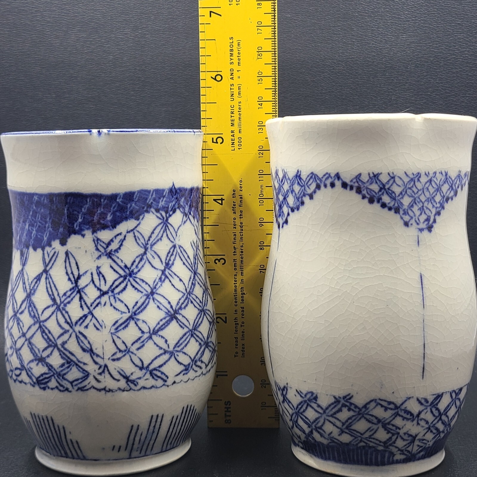Studio Art Pottery Scalloped Asian Style Blue and White Crackled Glaze Signed