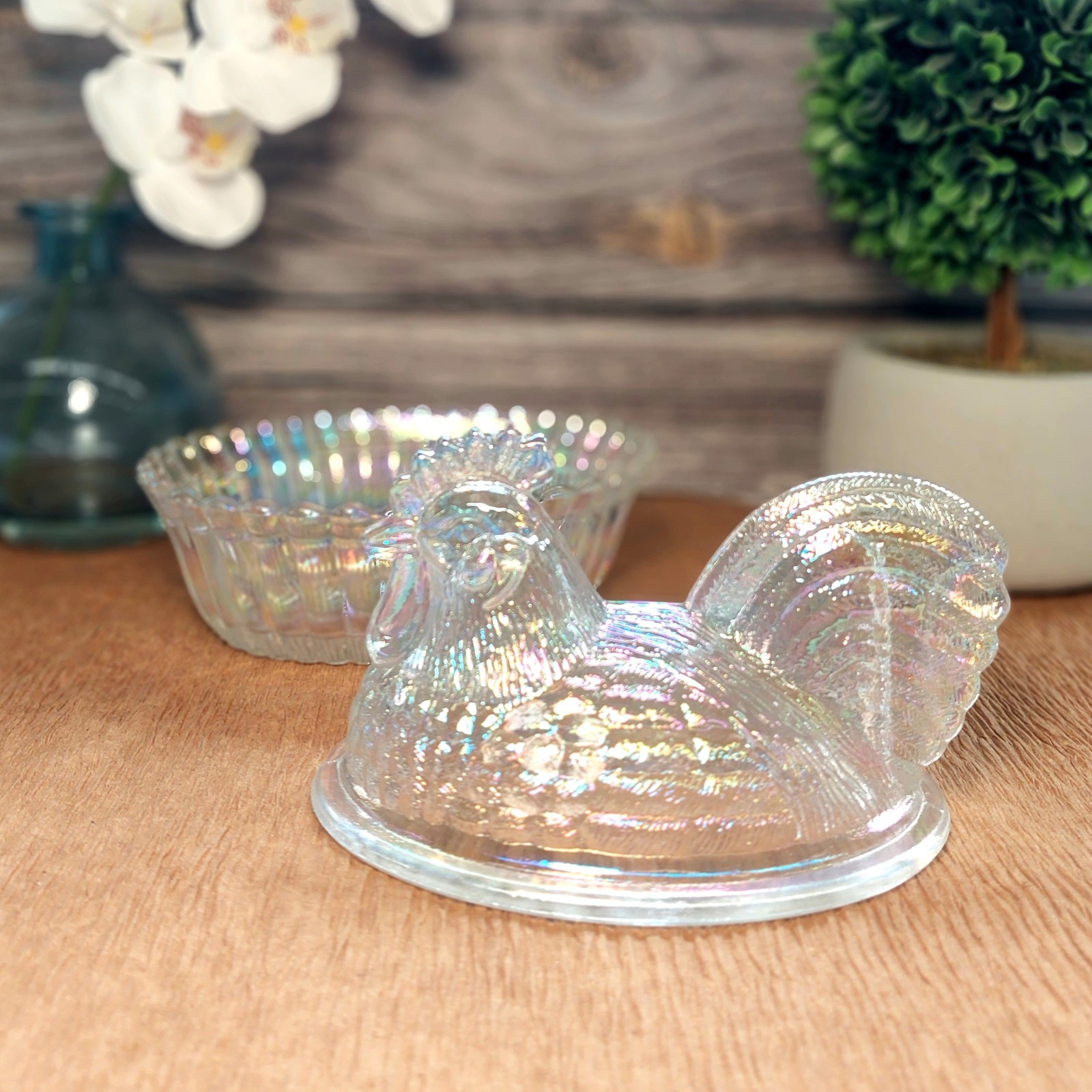 Carnival Glass Rooster Hen on Nest Chicken Candy Dish, Depression Style