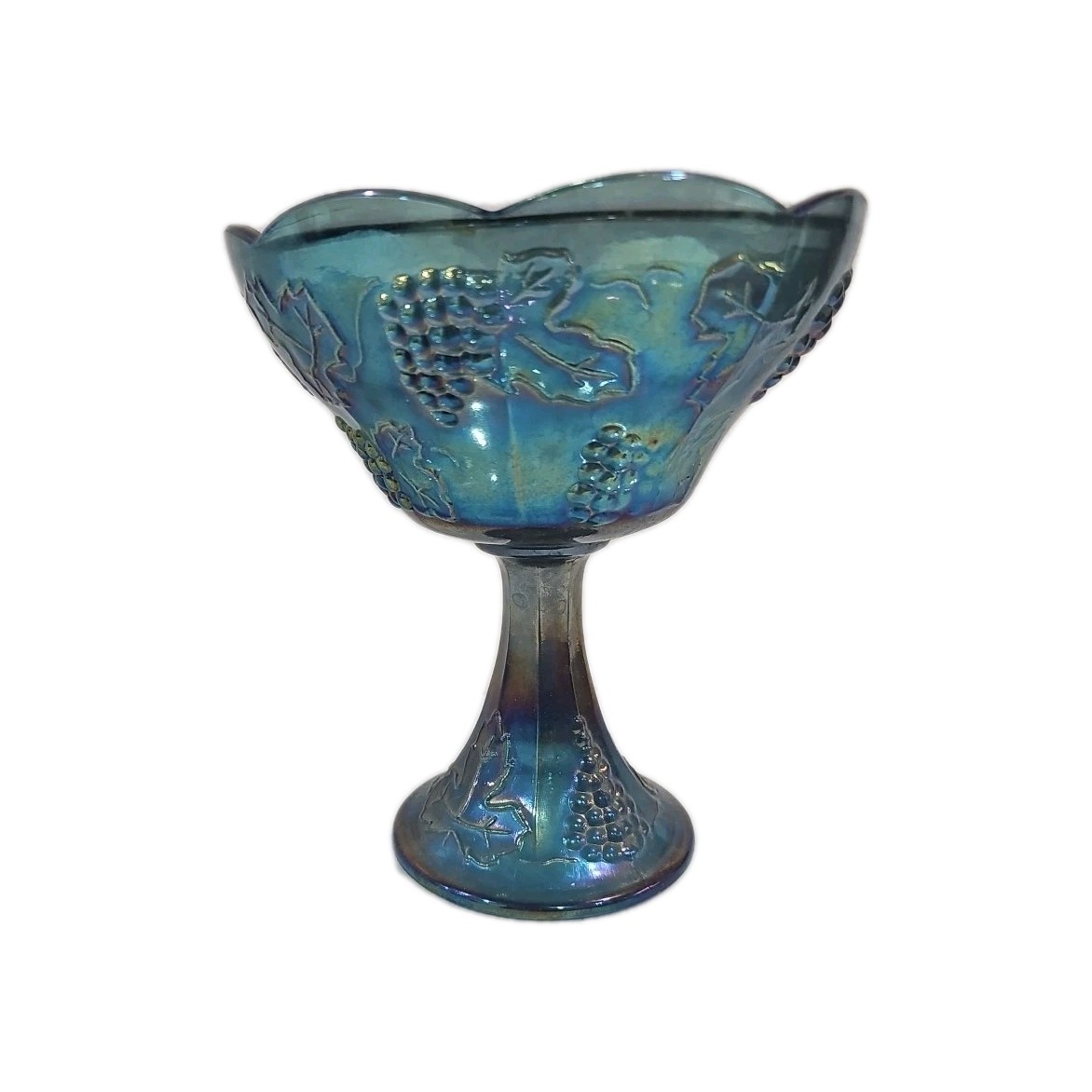 Vtg Iridescent Blue Carnival Glass Candy Dish Pedestal Bowl Grape Indiana 8″