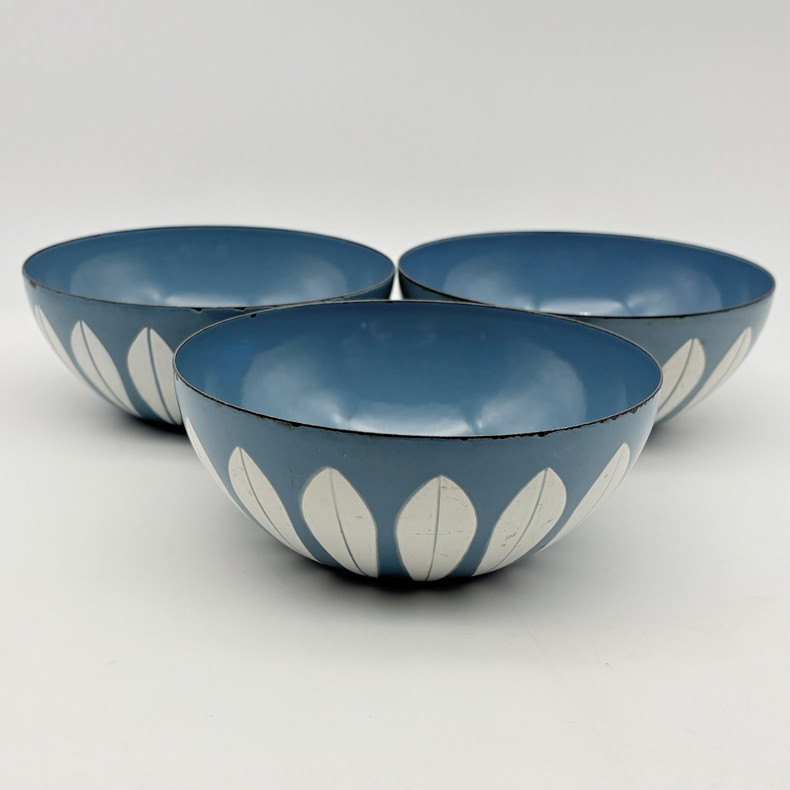 3 Vintage Cathrineholm Teal Blue Lotus Bowls From Norway 5.5 Inches Wide