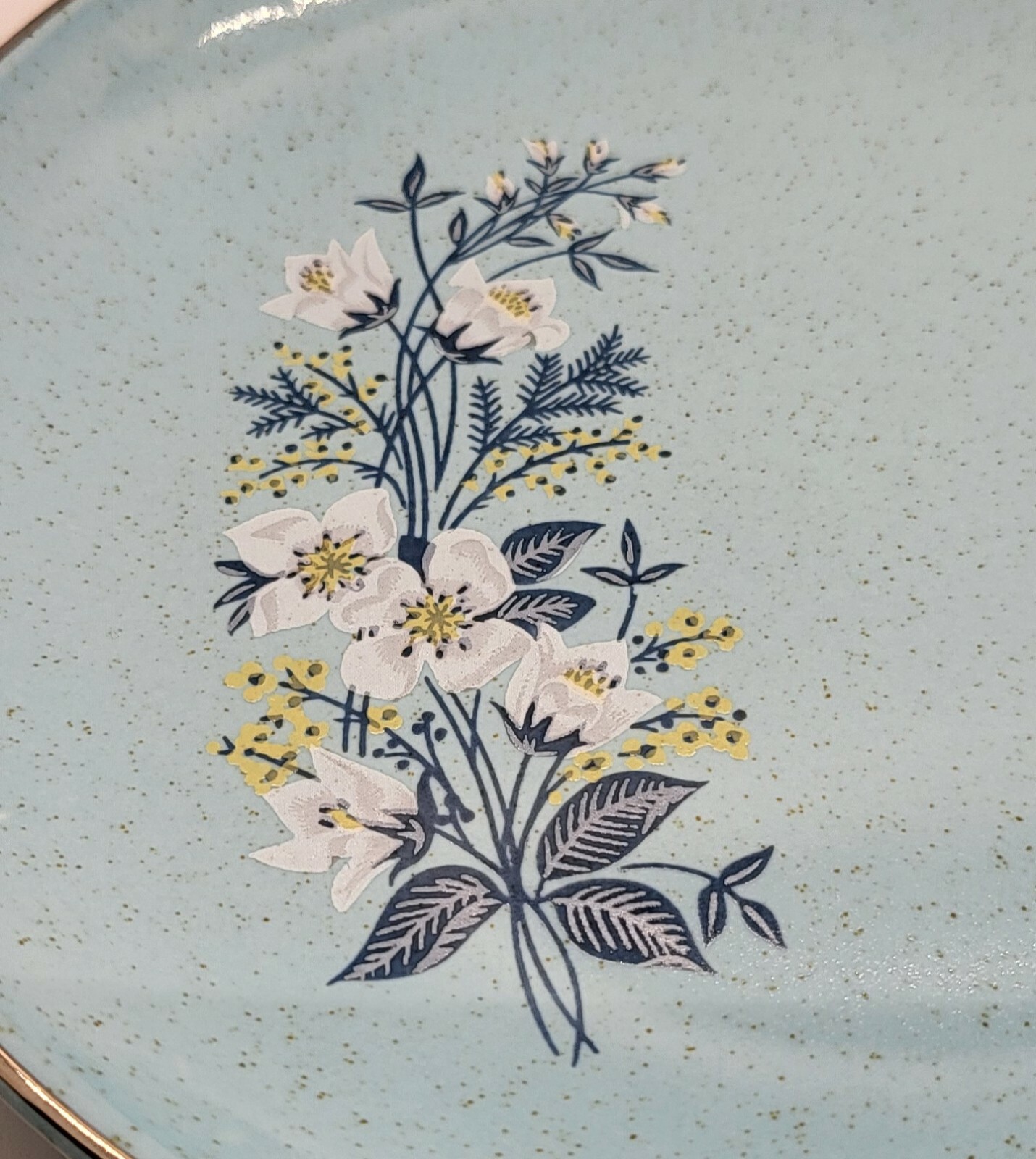 Vintage MCM Salad Bread Plate Lt. Speckled Blue Floral Silver Rim 6.5″ Gorgeous