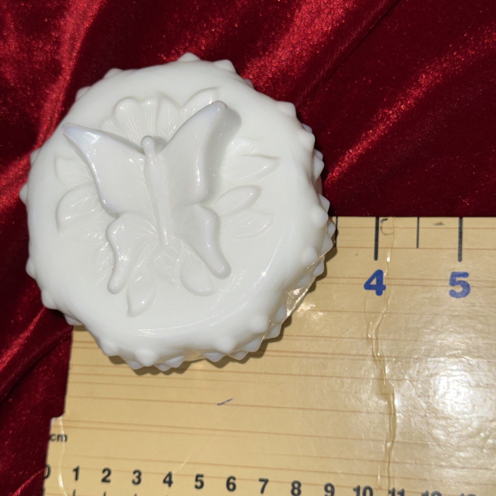 Vintage 6” Fenton 1970s Milk Glass Hobnail Jar Butterfly Lid Scalloped Edge