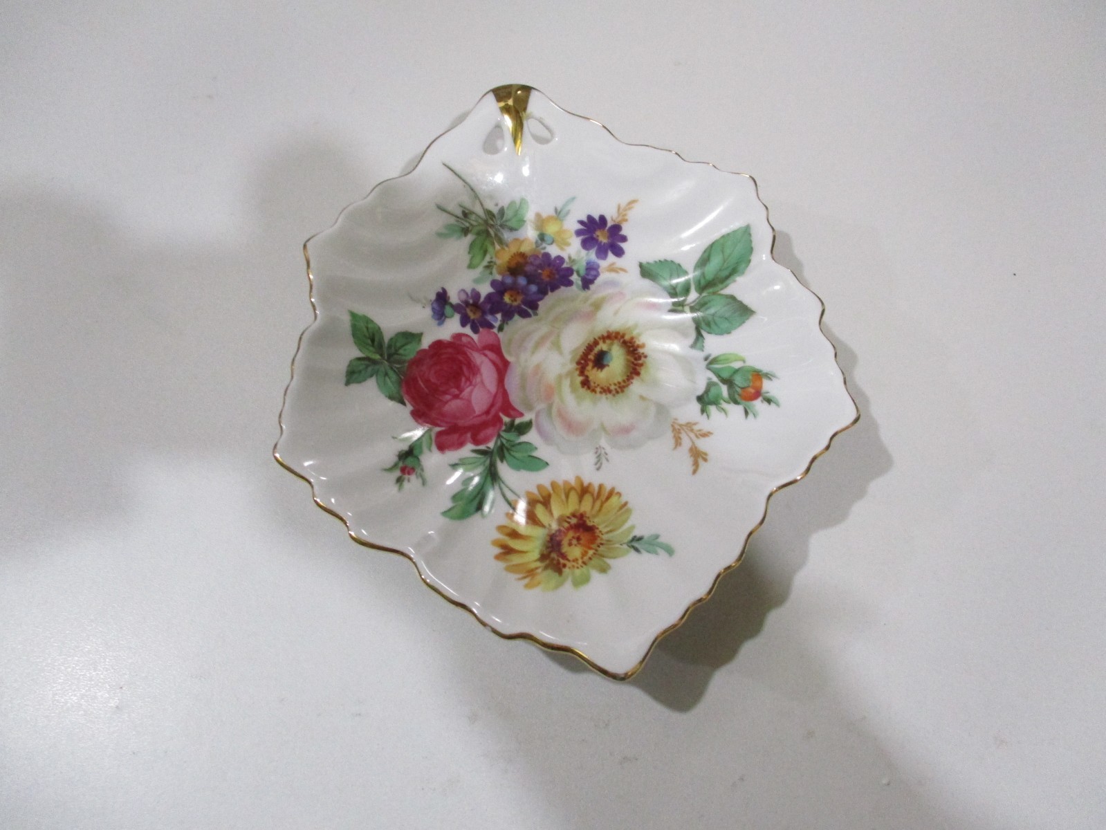 Mitterteich Bavaria “Meissen Floral” 7″x6″ Candy, Nut w/Dish Gold Trim 1925 Ger.