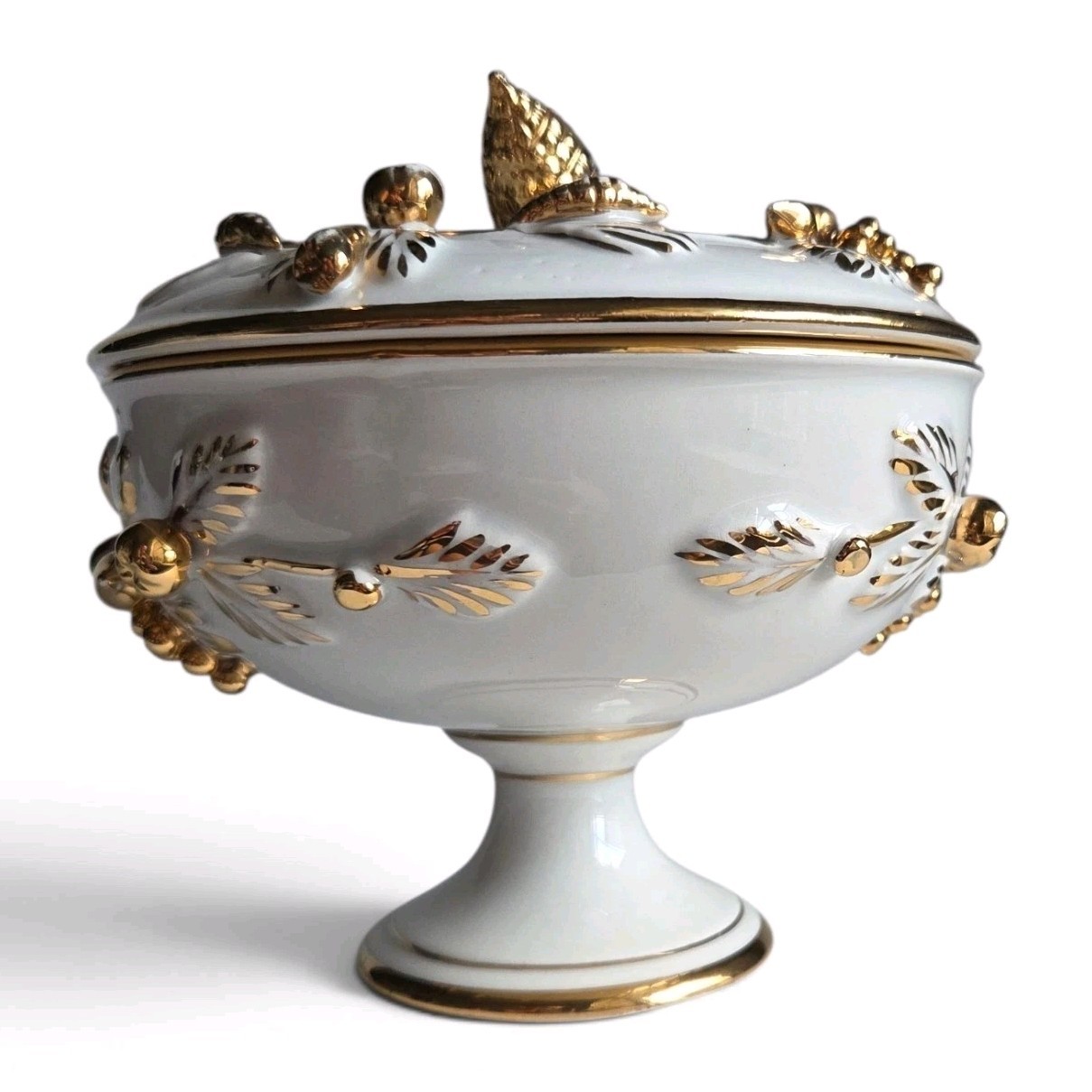 VTG Italian Covered Pedestal Candy Dish Gold Gilt Grapes KBNY Style 2309 Italy