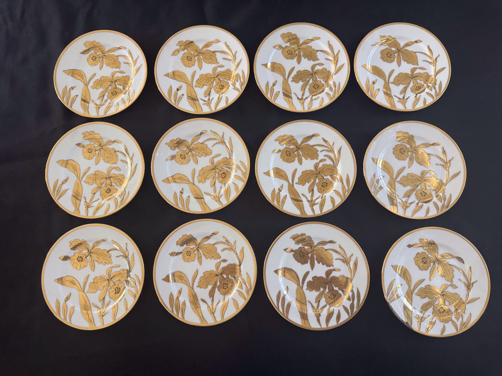 12 – vintage Stouffer China, Golden Orchid Desert Plates 6 1/8 Inches