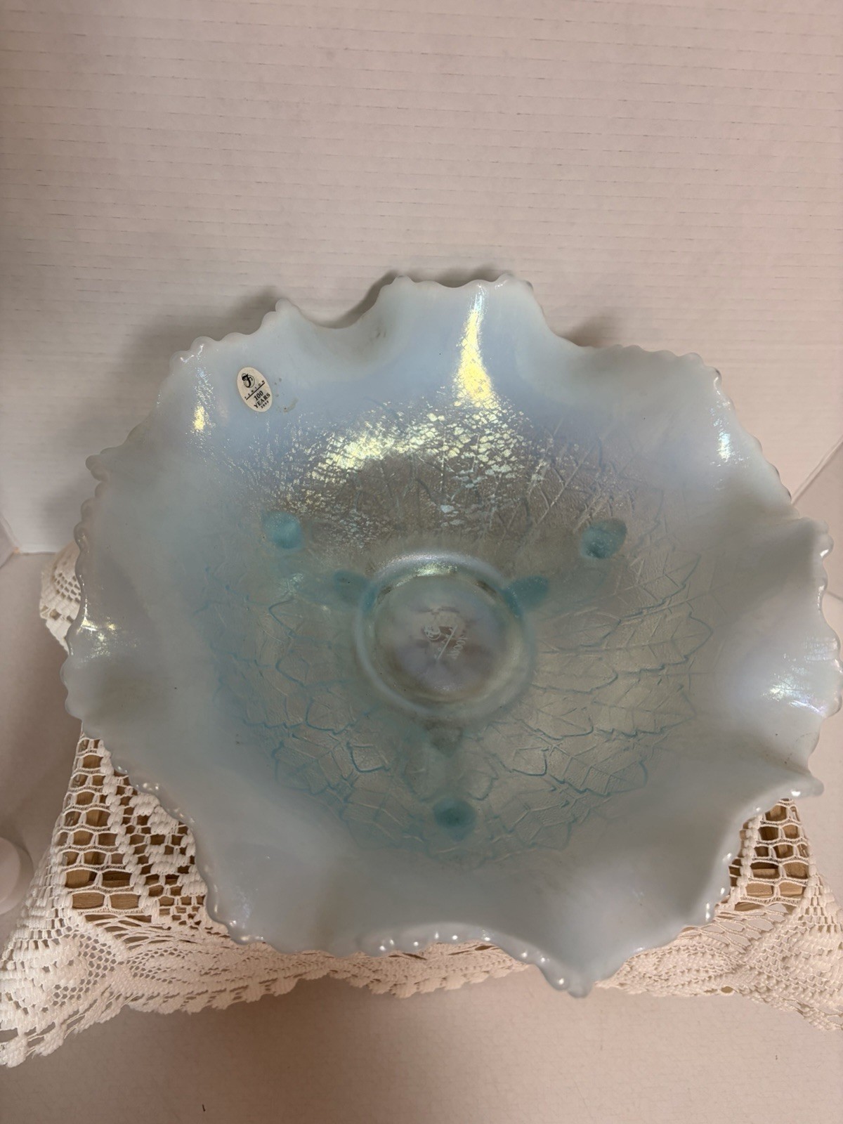 Fenton 100th Anniversary Blue Opalescent Ruffled 3ftd Bowl 11×4” RARE Sticker