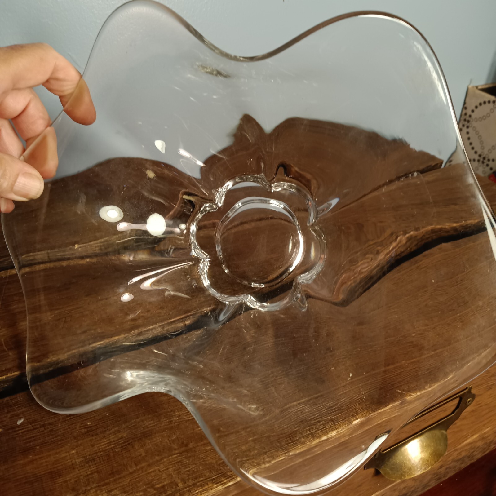 Vintage Clear Glass Flower Shaped Bowl, Pinched Sides, Art Bowl, Ruffled