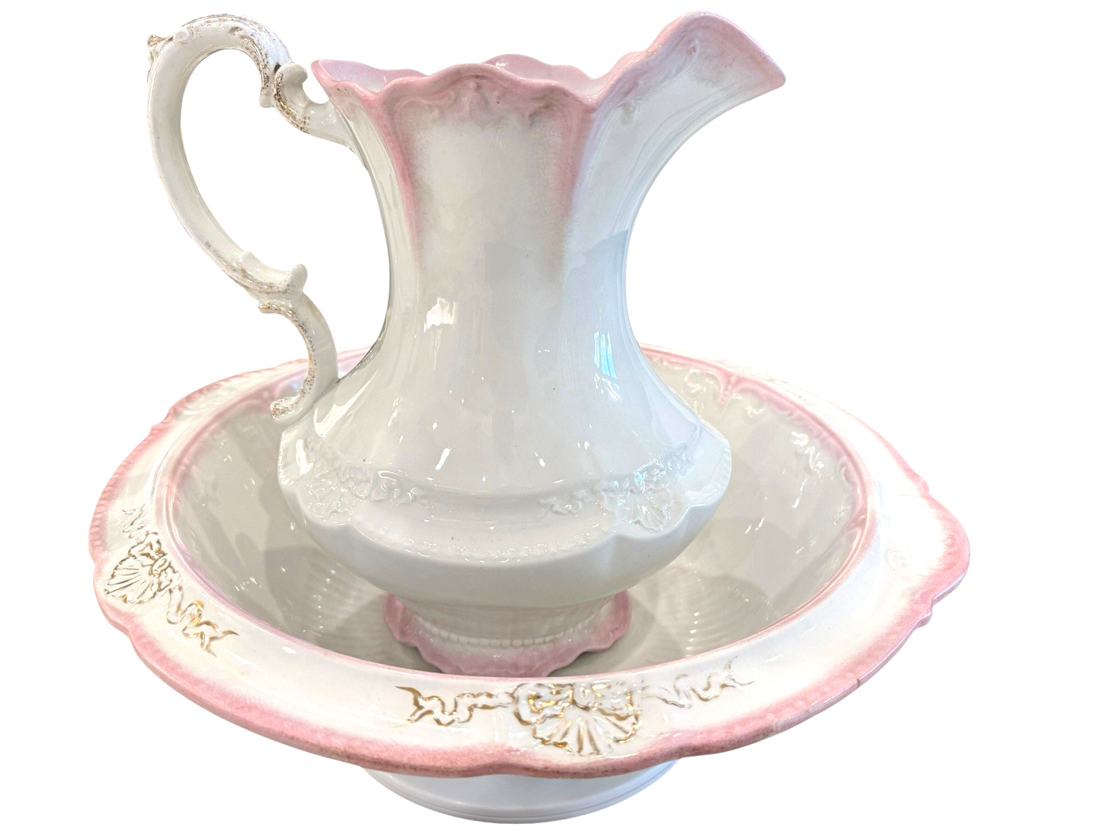 Antique WH Grindley XL 17.5″ Pitcher Basin Set Pink Ombre Gold Bows England 1890