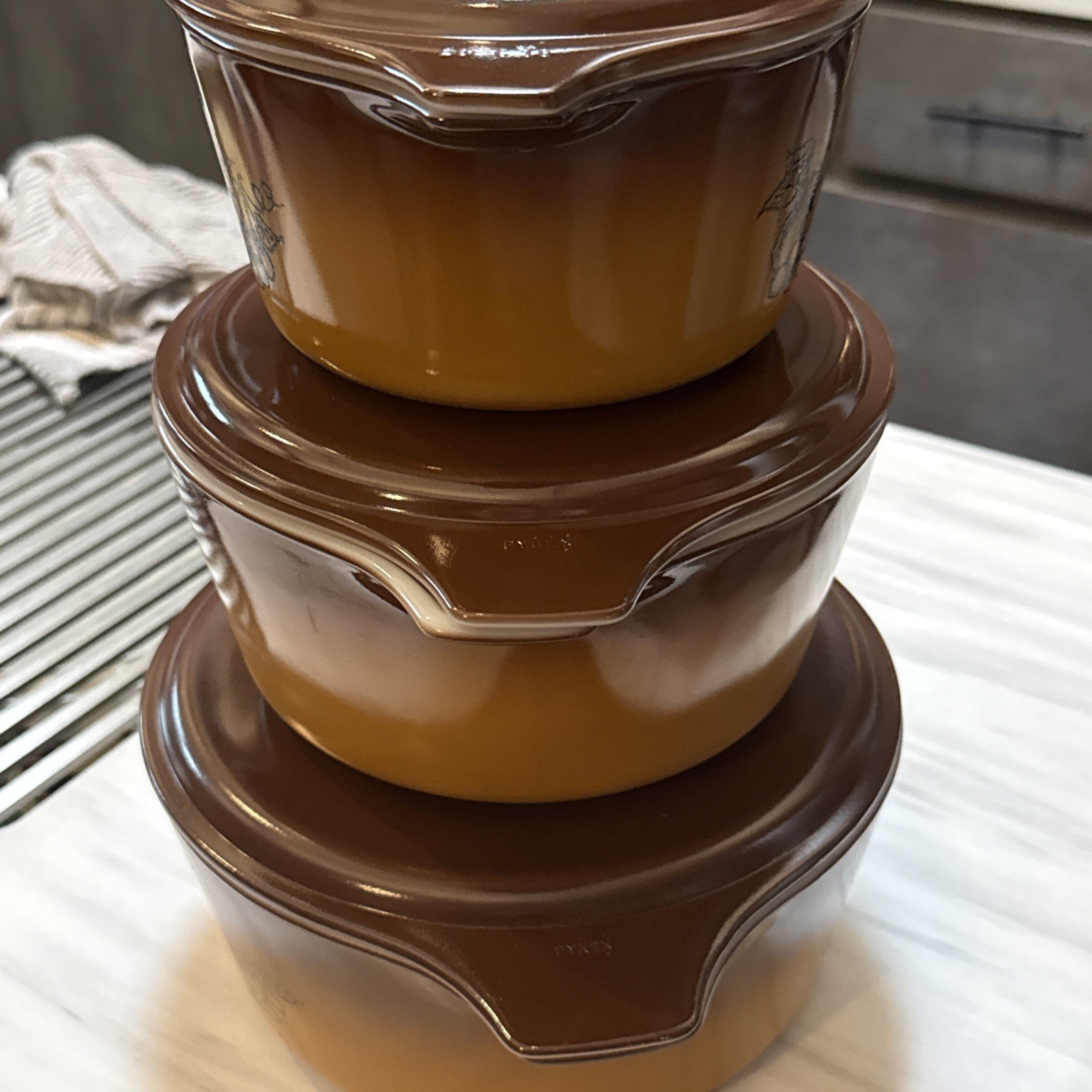 Lot of 3 Vintage Pyrex Old Orchard Brown Casserole Set with Lids 473, 474 475