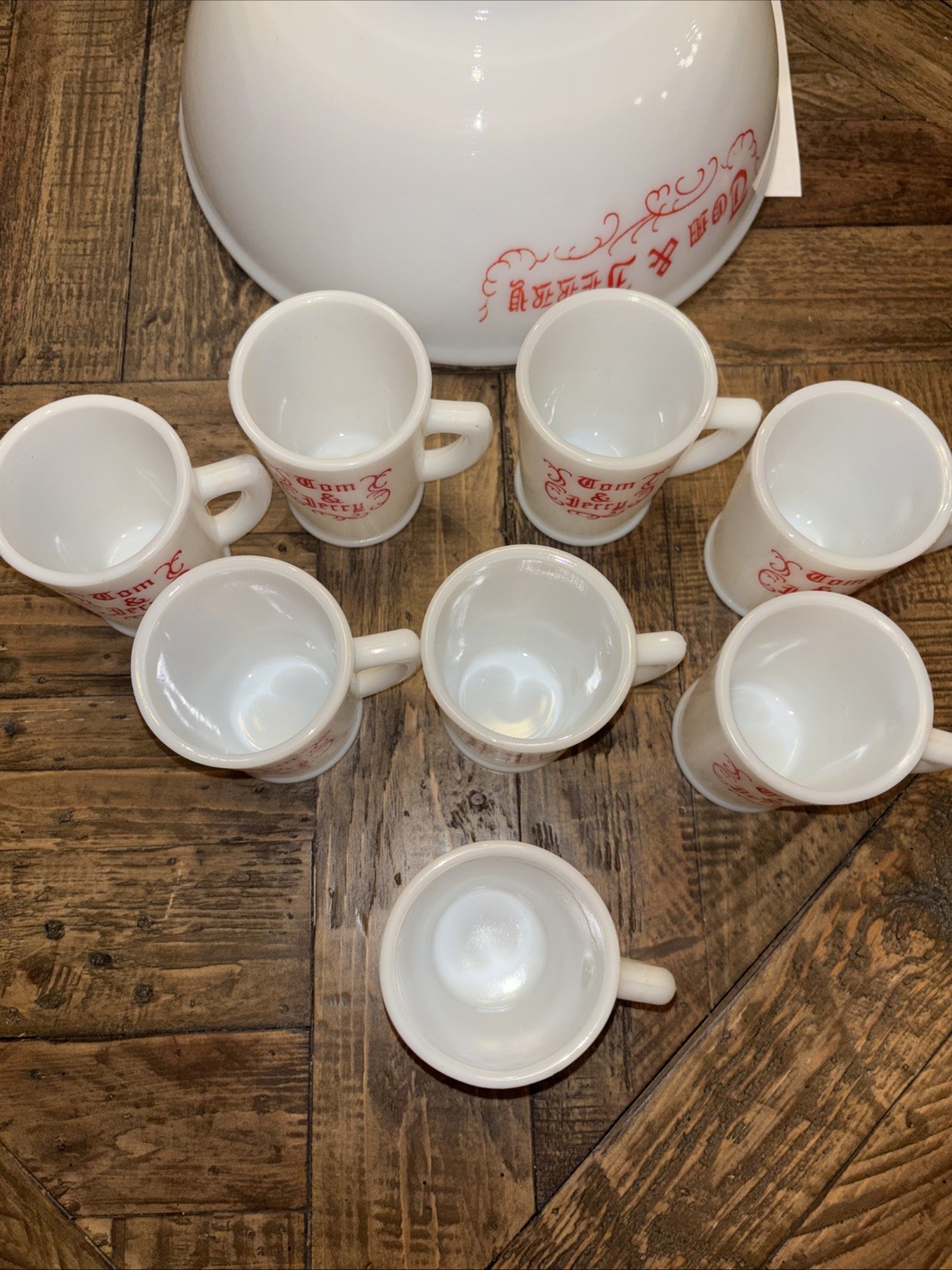 Vtg. Mid Century RED & WHITE McKee Tom & Jerry Punch Bowl Set, 11″ Bowl & 8 Mugs