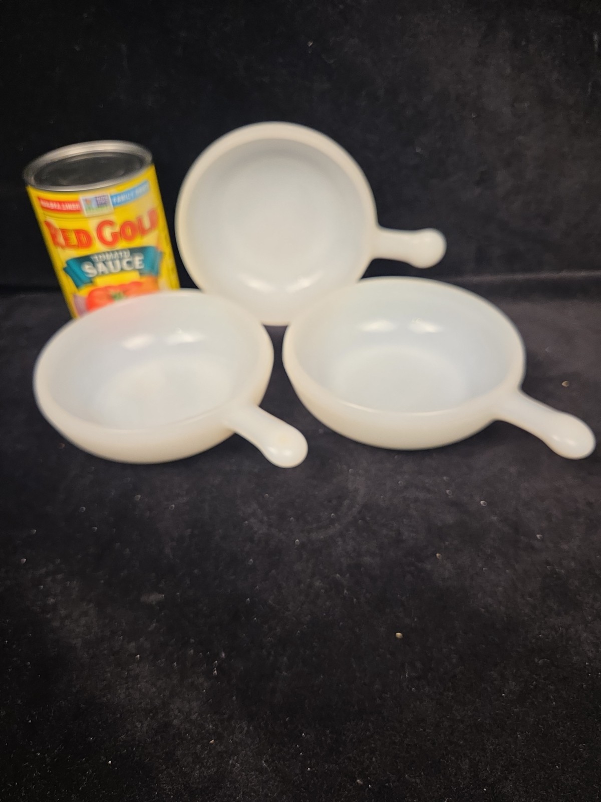 Glasbake Bowls w/ Handles 11 oz. Set of 3 White Milk Glass J2663 USA Vintage