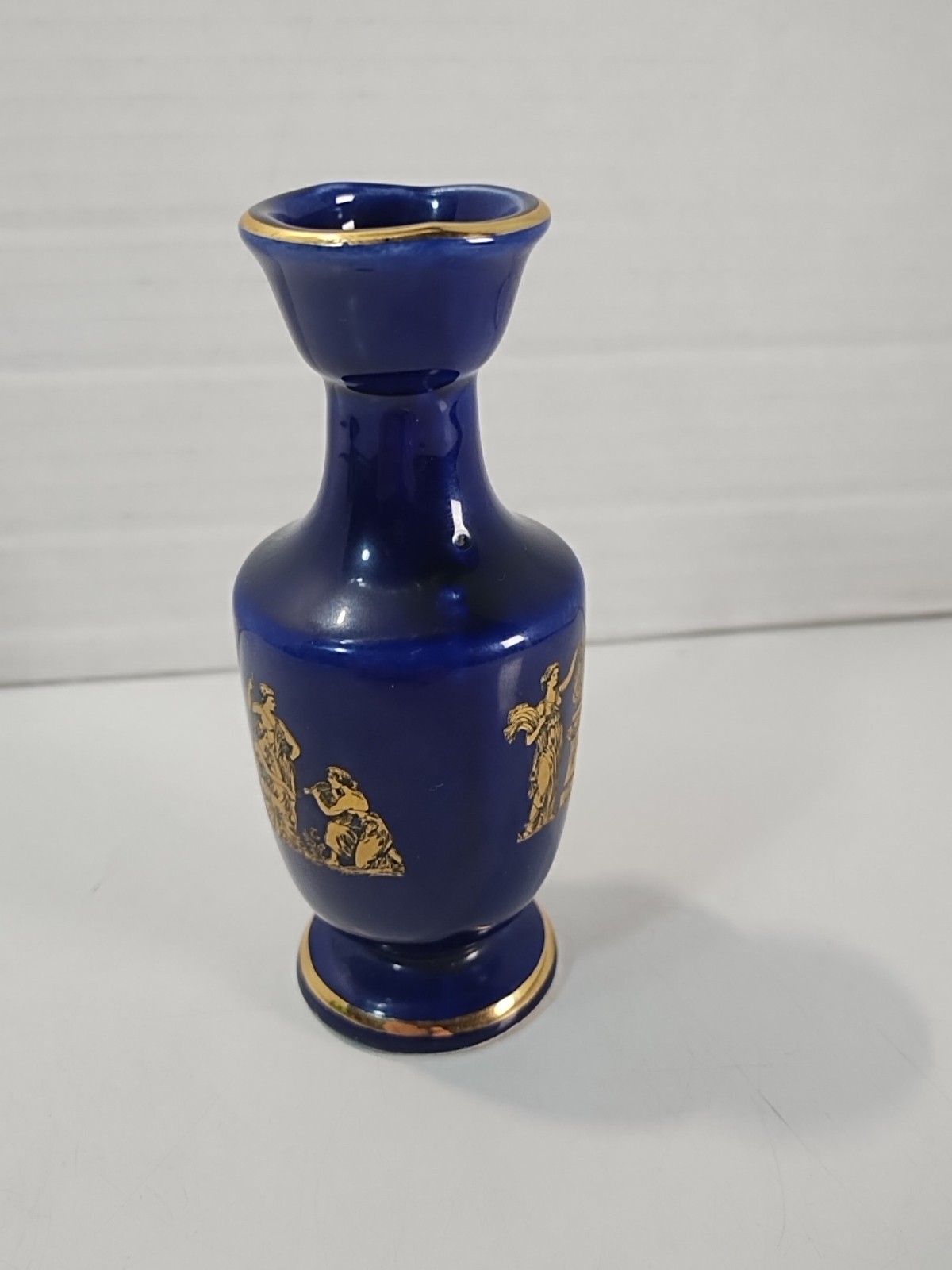 LIMOGES Porcelain Miniature Vase Greek Style Blue/ Gold 4.25” Pitcher w/ Handle
