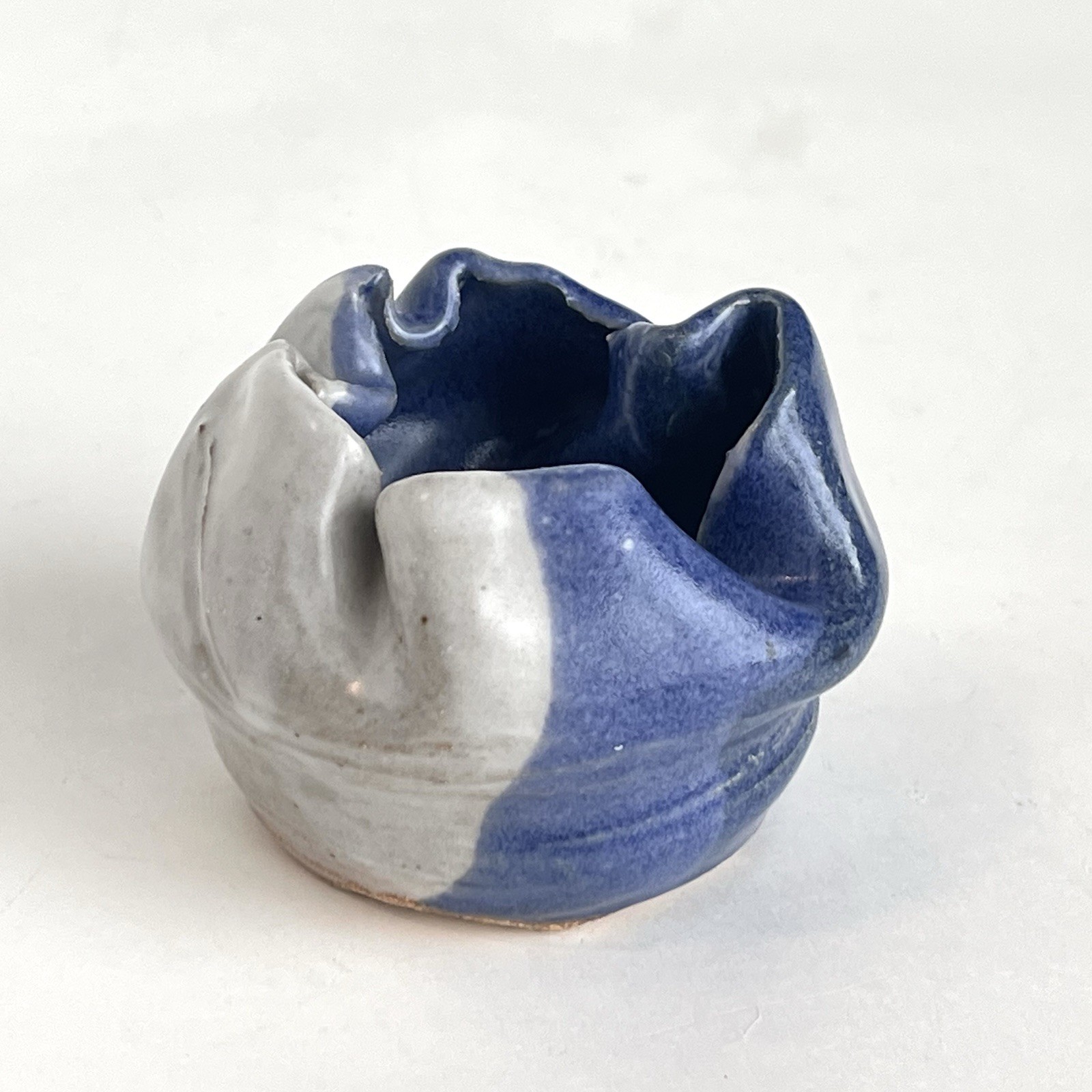 Ruffled Asymmetrical Edge Mini Art Pottery Bowl Hand Thrown Blue Gray Signed A T