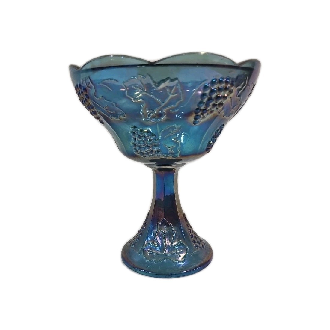 Vtg Iridescent Blue Carnival Glass Candy Dish Pedestal Bowl Grape Indiana 8″