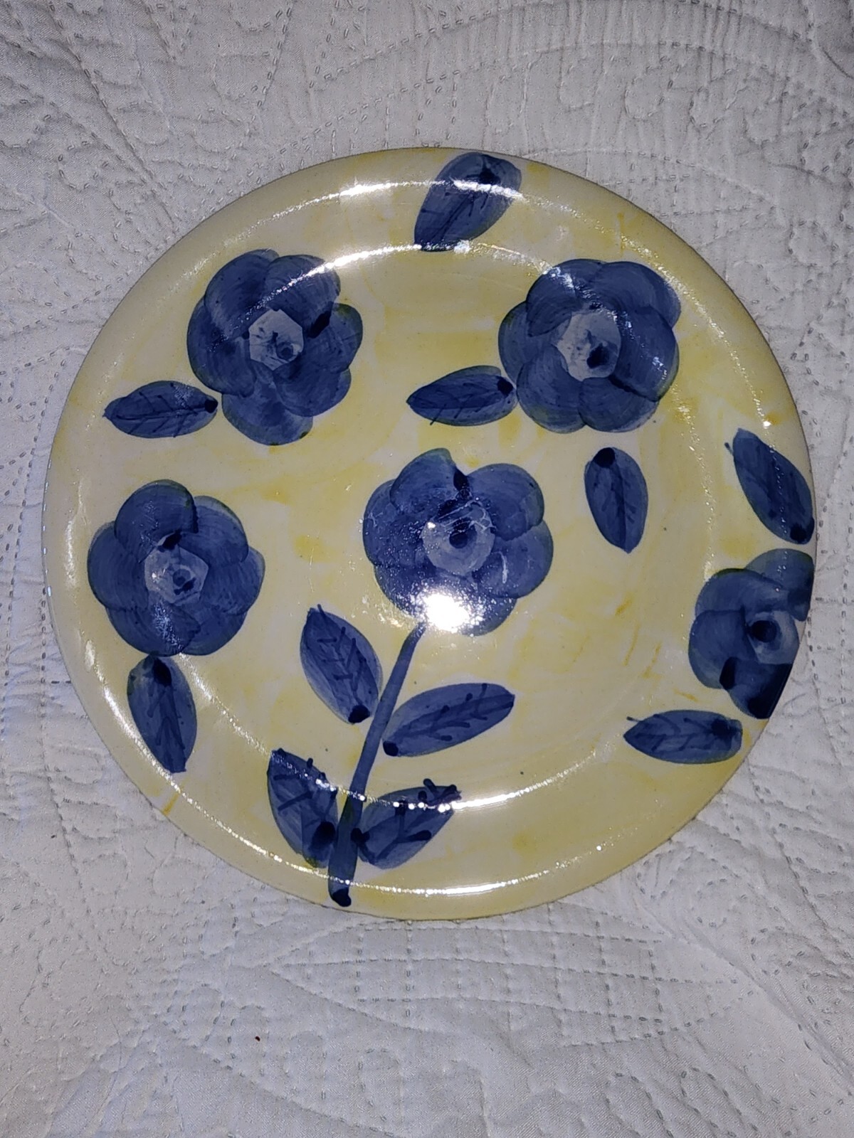 Elegant Dining hand painted Yellow With Blue Flowers Dinner Plate
