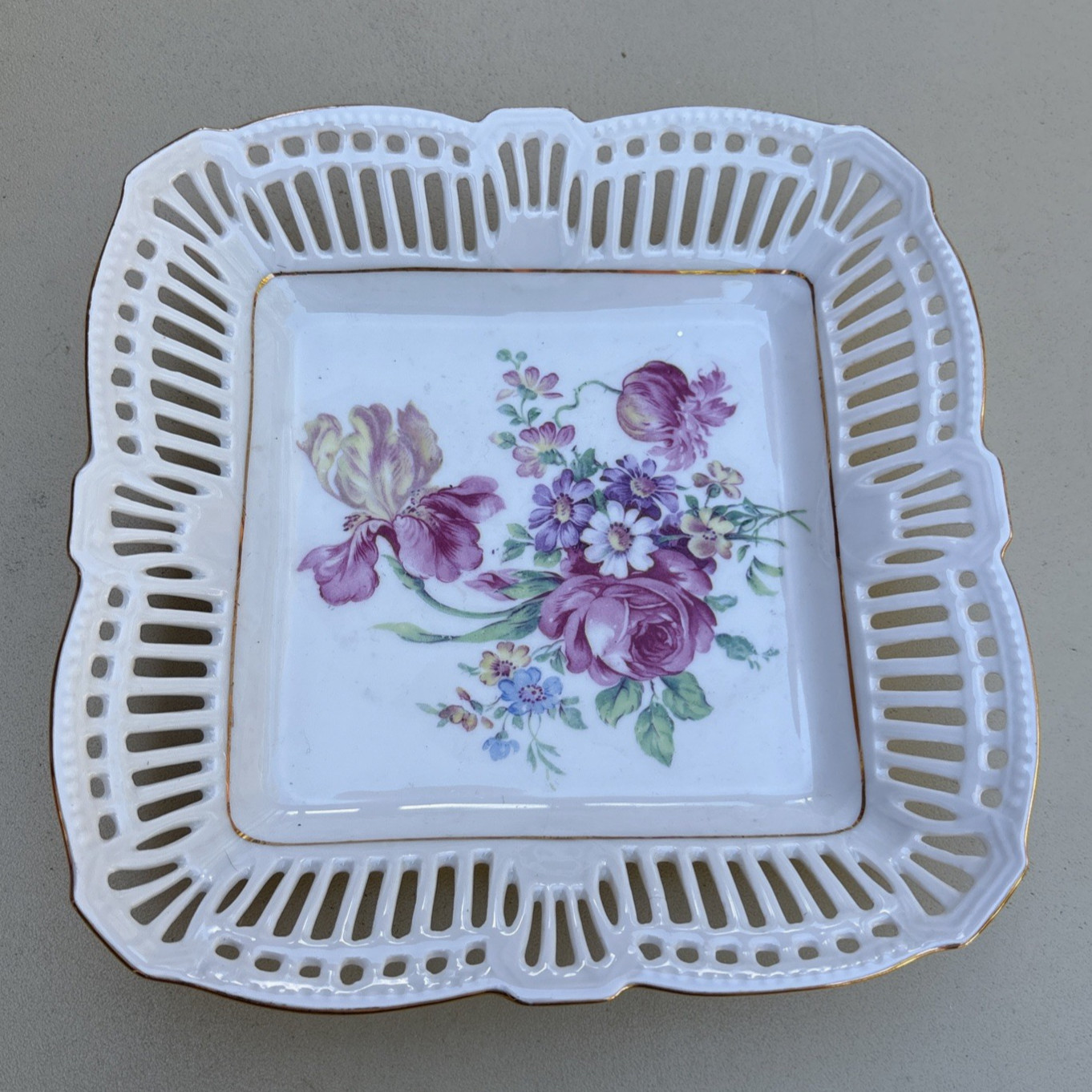 BJL German Floral Dish Hand Painted Vintage Reticulated Porcelain Square 7.75 in