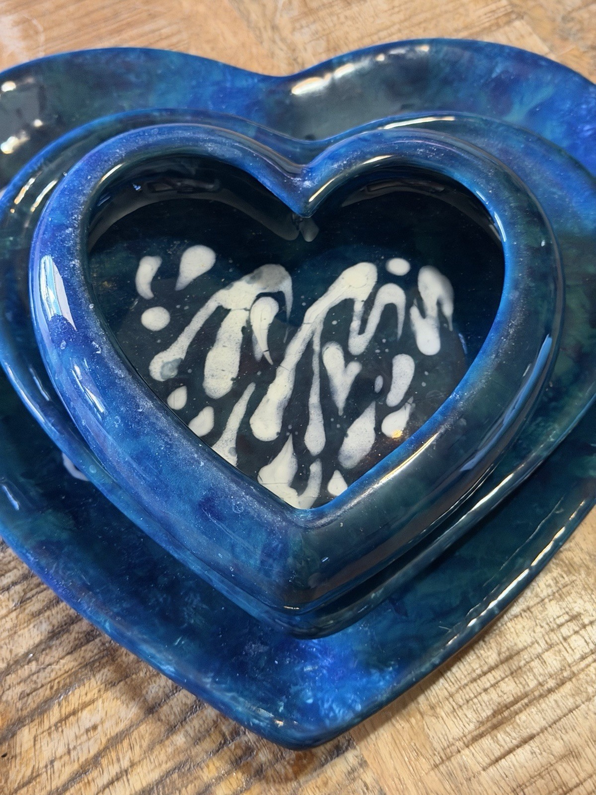 Vintage Handcrafted Four Piece Heart Shaped Blue Green Pottery Plates & Trinket