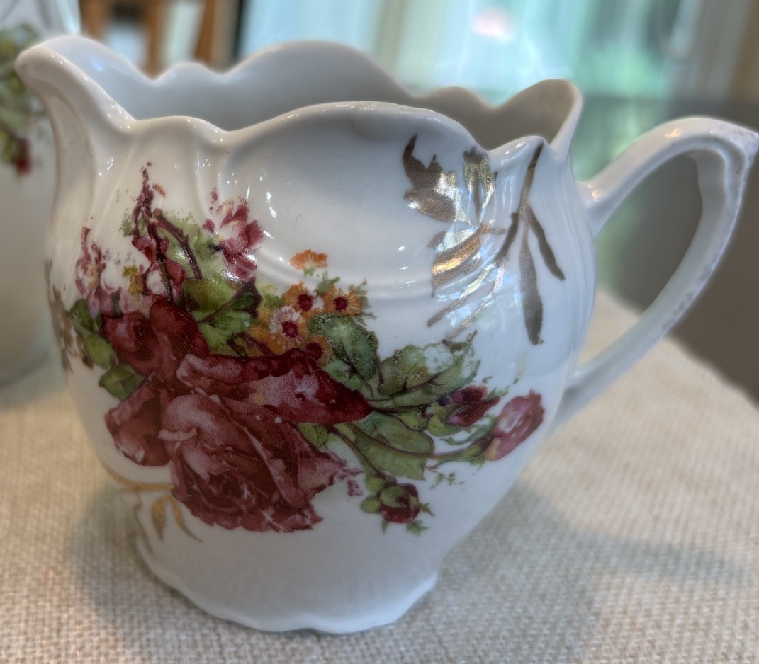 RS Prussia Hand Painted Porcelain Creamer, Butter Dish + Lid & Bud Vase Floral
