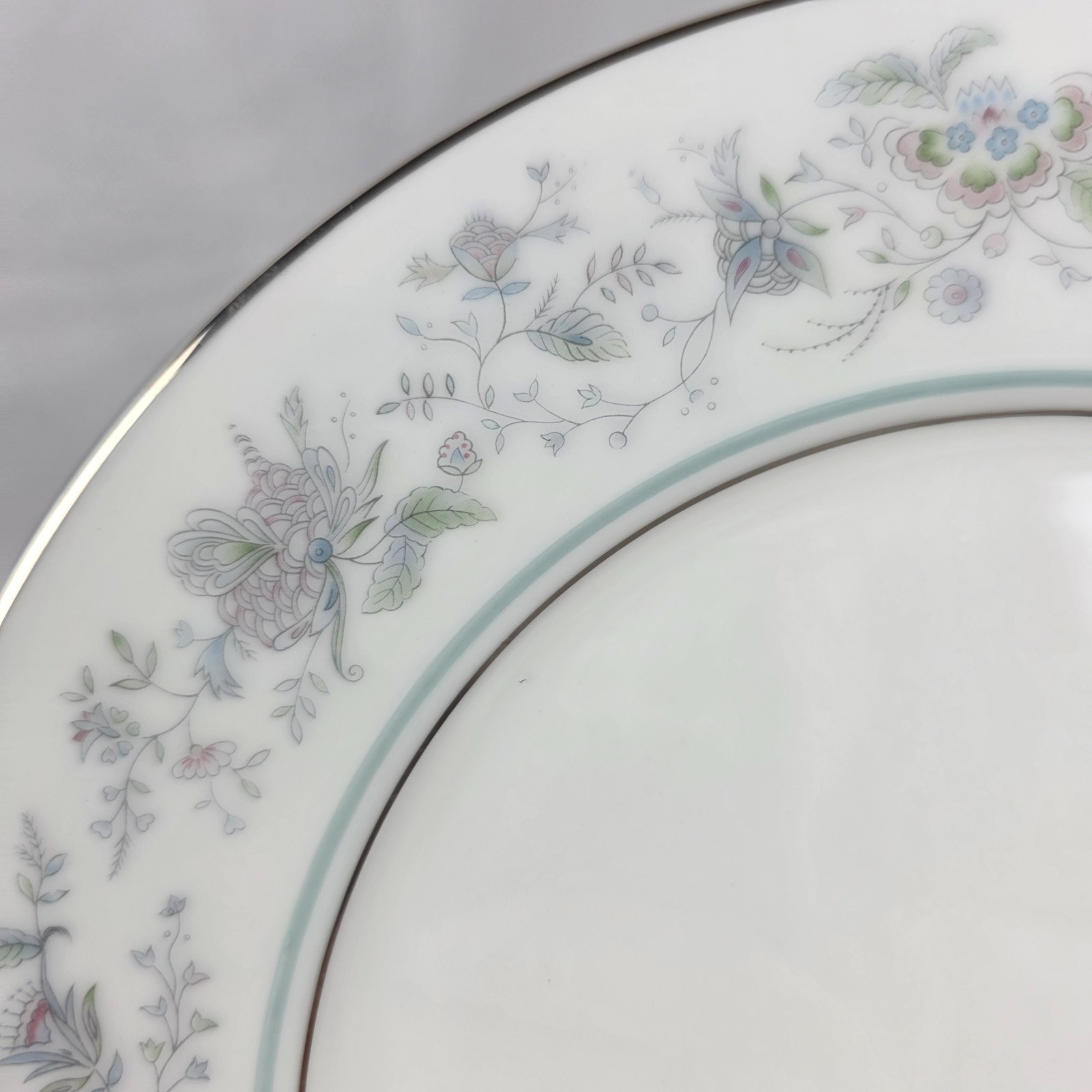 FOUR Oxford China Spring Salad Plate Multicolor Floral Rim Aqua Band