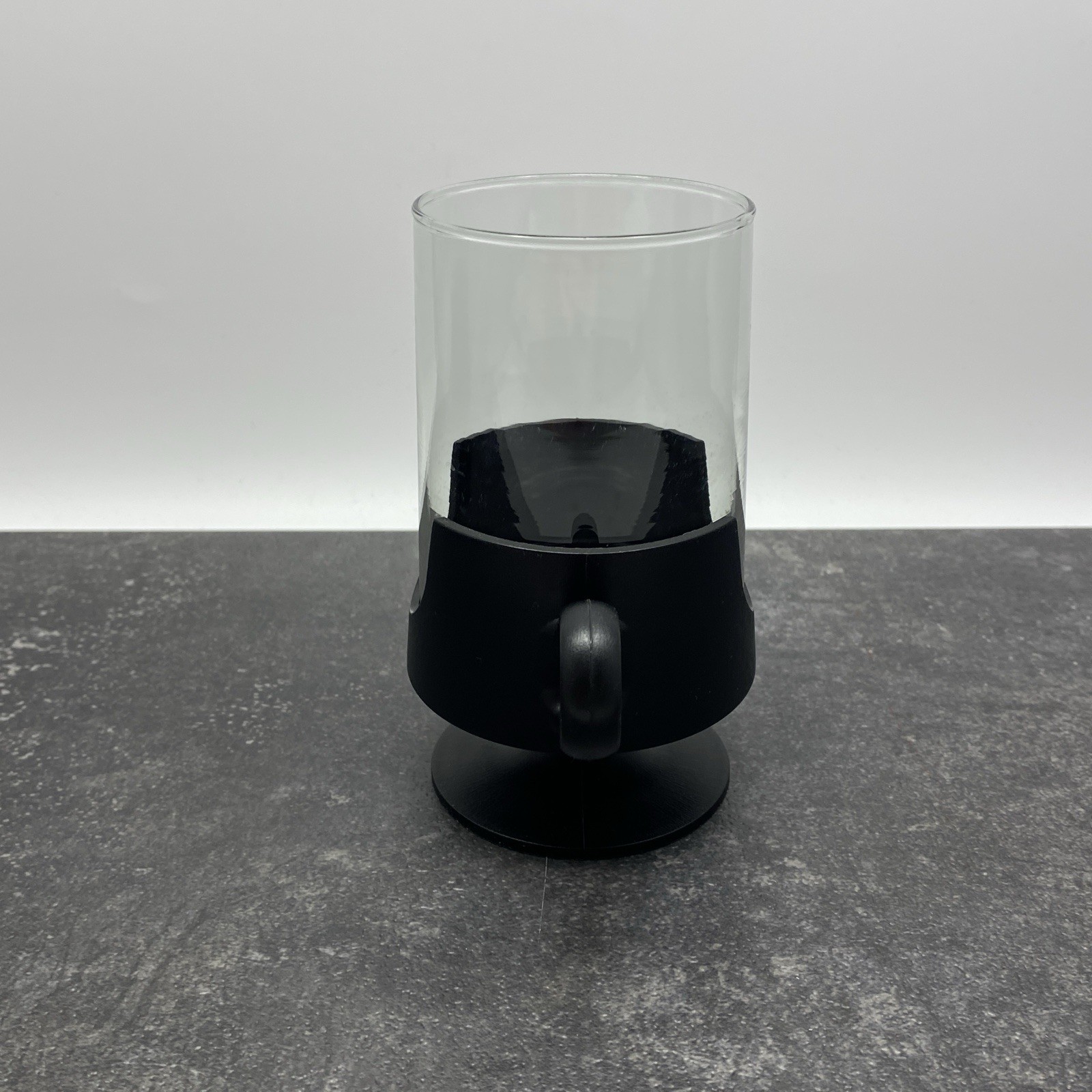 Vintage Set of 2 Glas-Snap by Corning 10oz Glasses Black Plastic Footed Holders