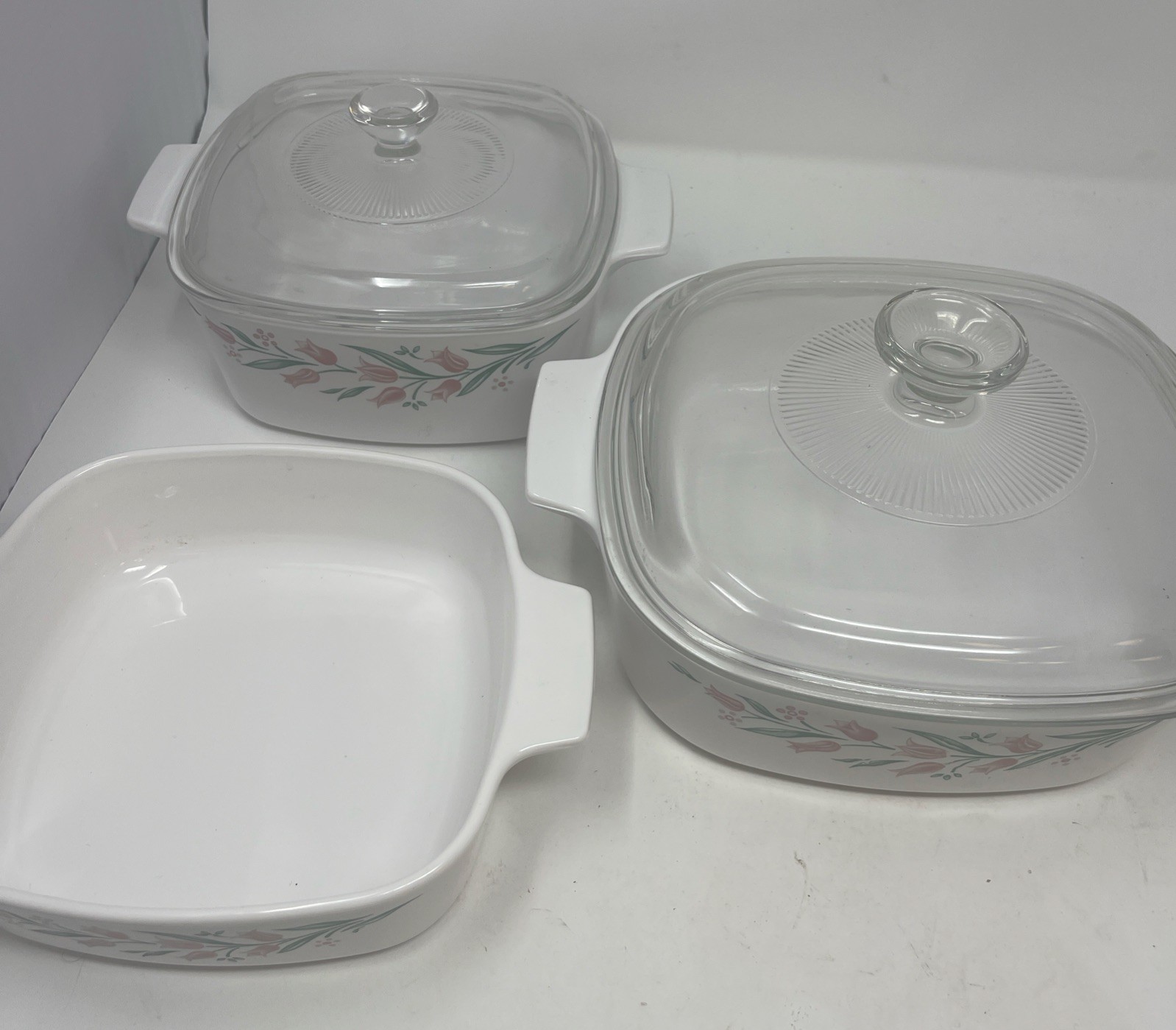 3 VTG Corning Ware Casserole Dishes w/ Lids A-1-B & A-2-B Rosemarie Pink Tulip