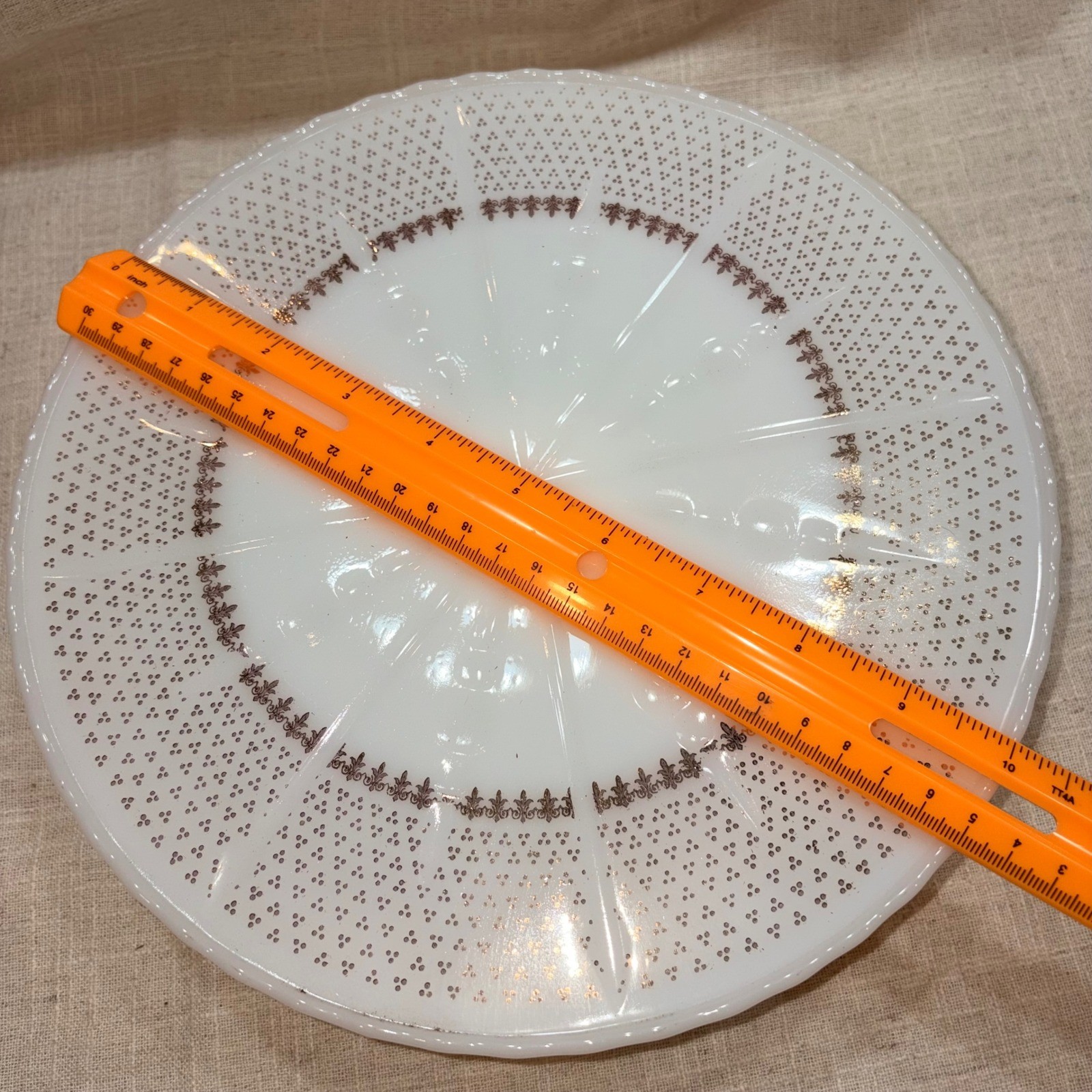 Anchor Hocking Ivory White Cake Plate 22K Gold Decorated Pedestal Stand