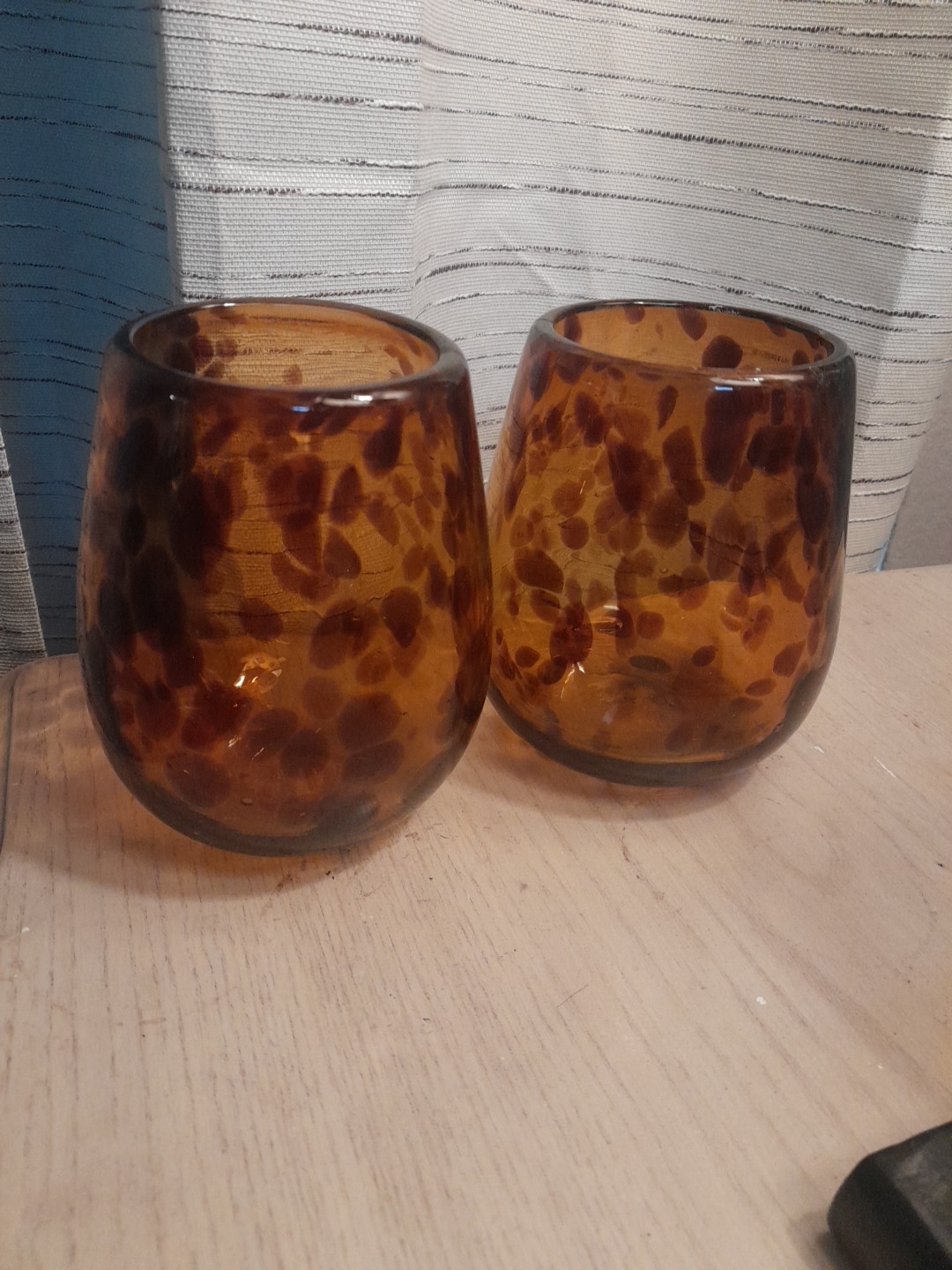 2 Vintage Hand Blown Tortoise-Shell Wine Glass Thick Glass 5 1/2 Inches Height