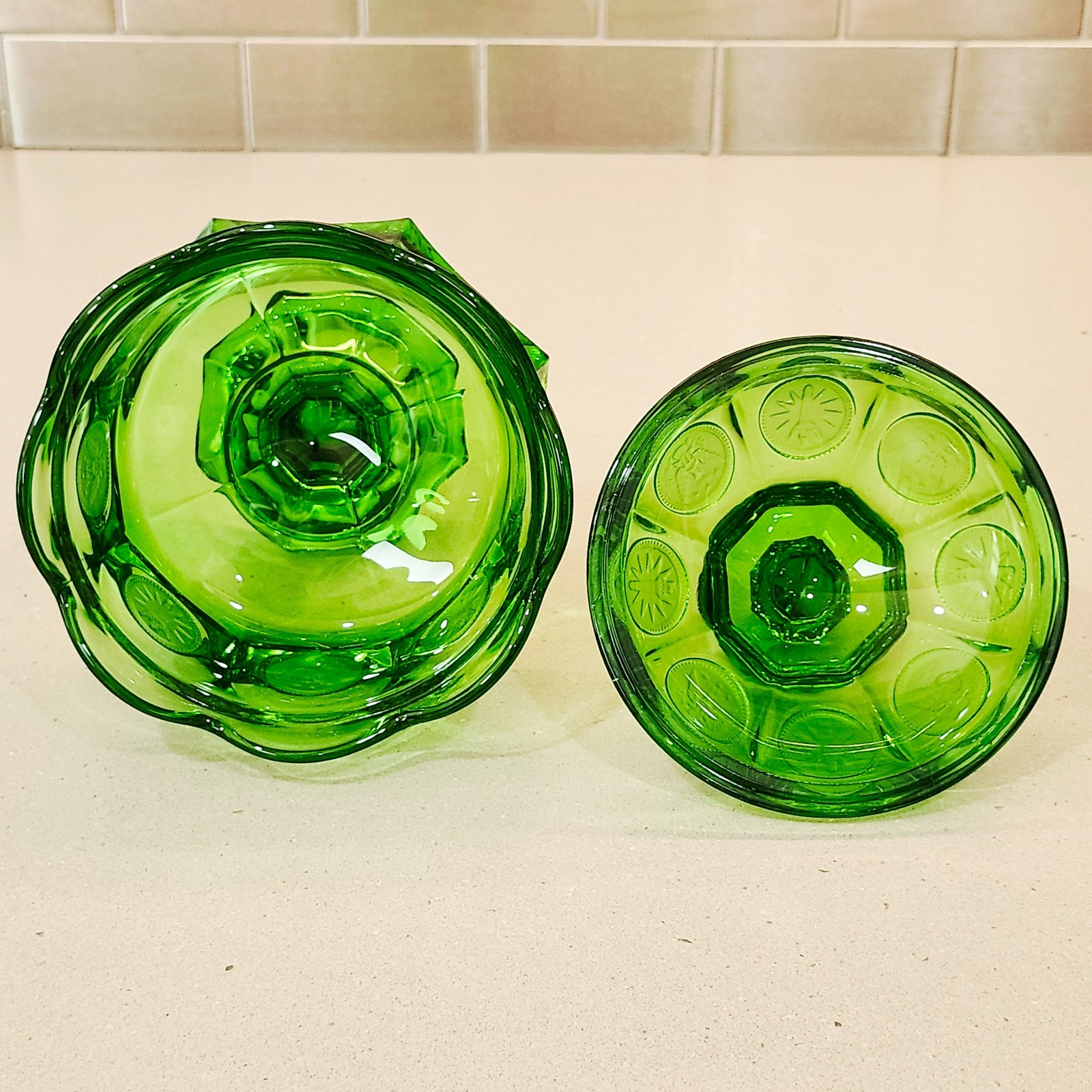 Vintage Fostoria Emerald Green Coin Glass 8.5” Tall Pedestal Covered Candy Dish