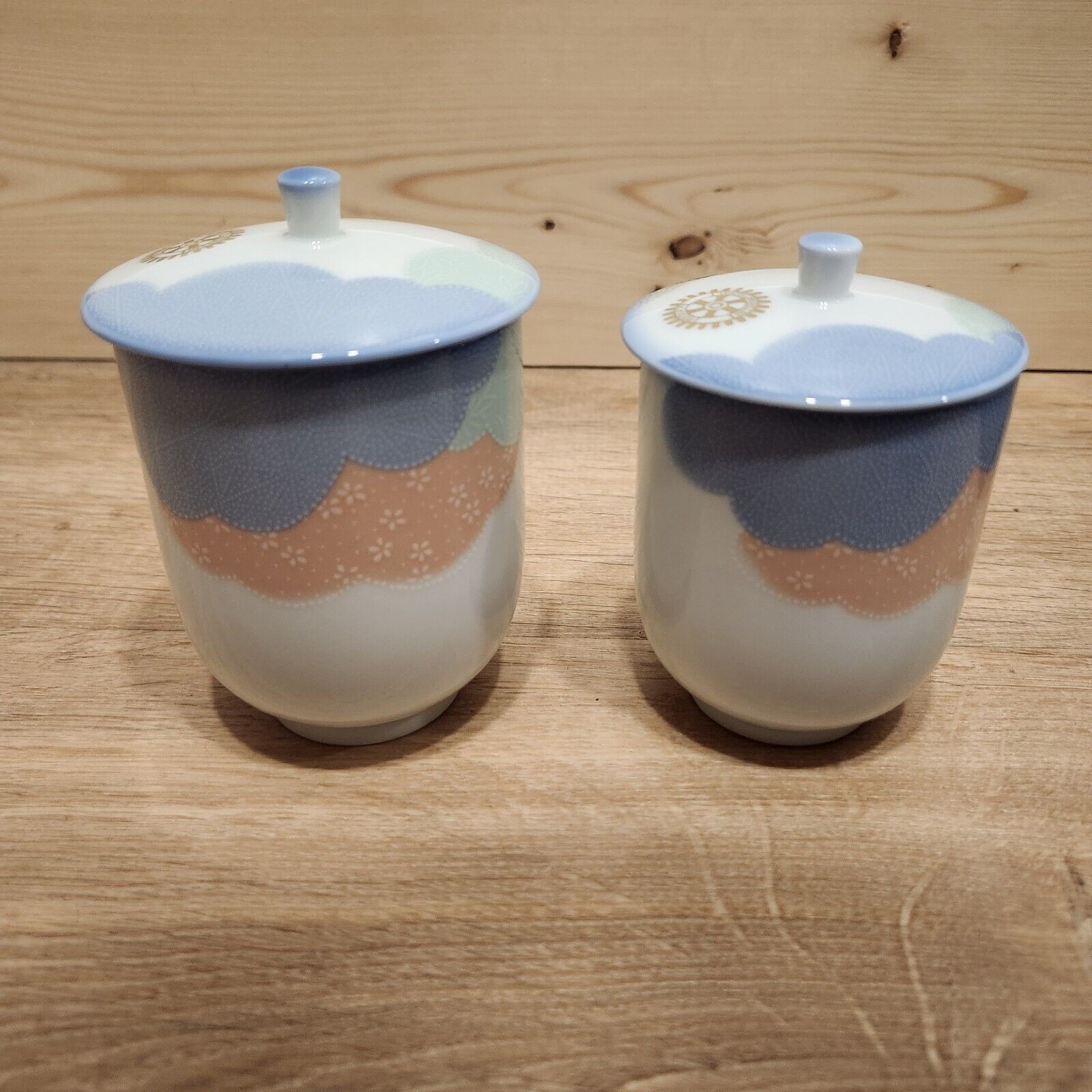Noritake Couple Teacup Set 2 Cups w/ Lids Husband Wife Japan Vtg New Rotary Club
