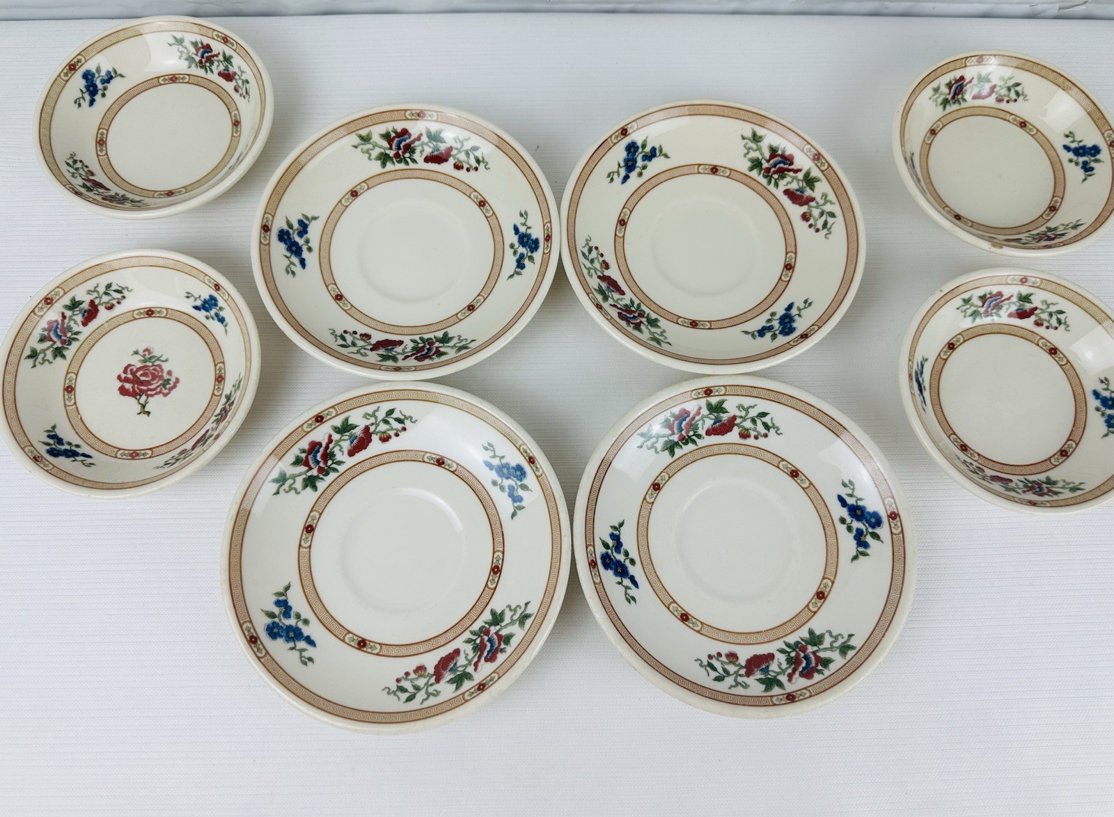 VTG Old Ivory Syracuse China 8pc Saucer Plates Berry Bowls Floral Greek Key Trim
