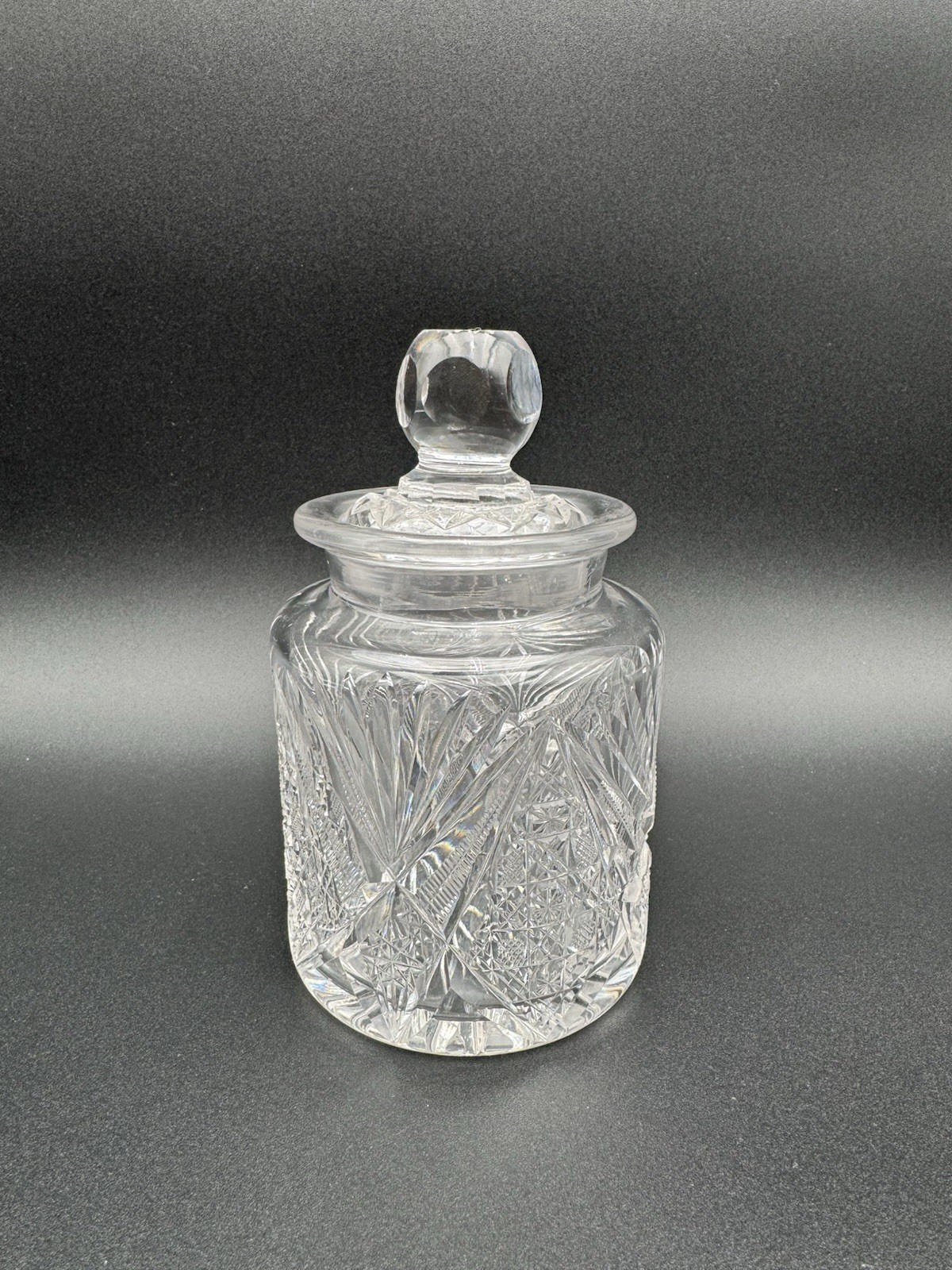 American Brilliant Period Style Cut Glass Crystal Biscuit Jar Hobstar Lidded